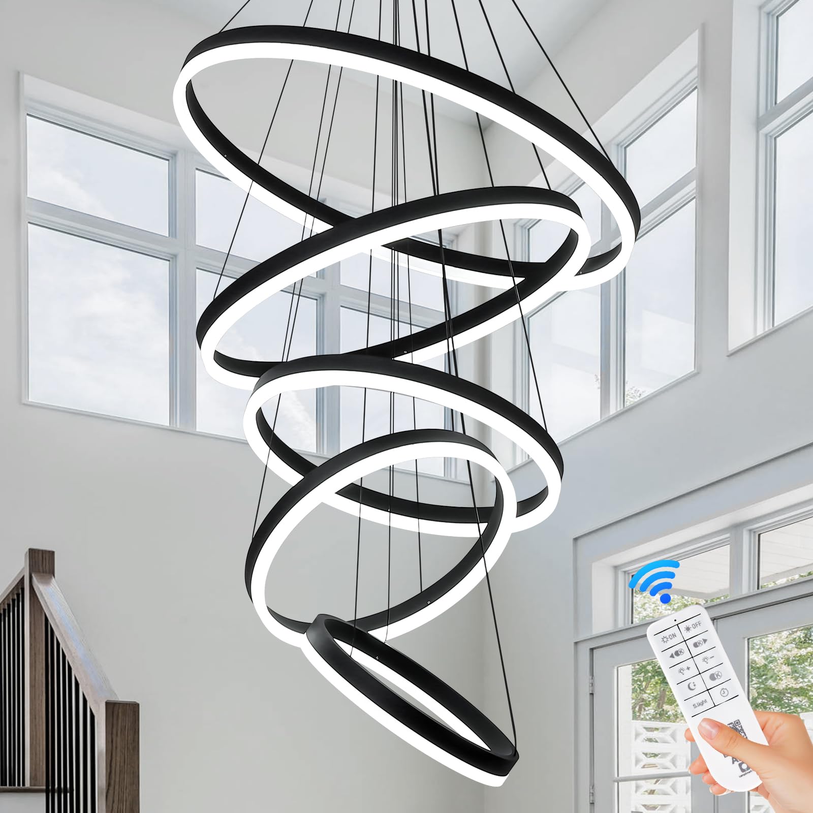 XGZL · LIGHTING Modern LED Chandelier 5-Rings Dimmable Remote Control Black Acrylic for High Ceilings, Dining Room, Foyer