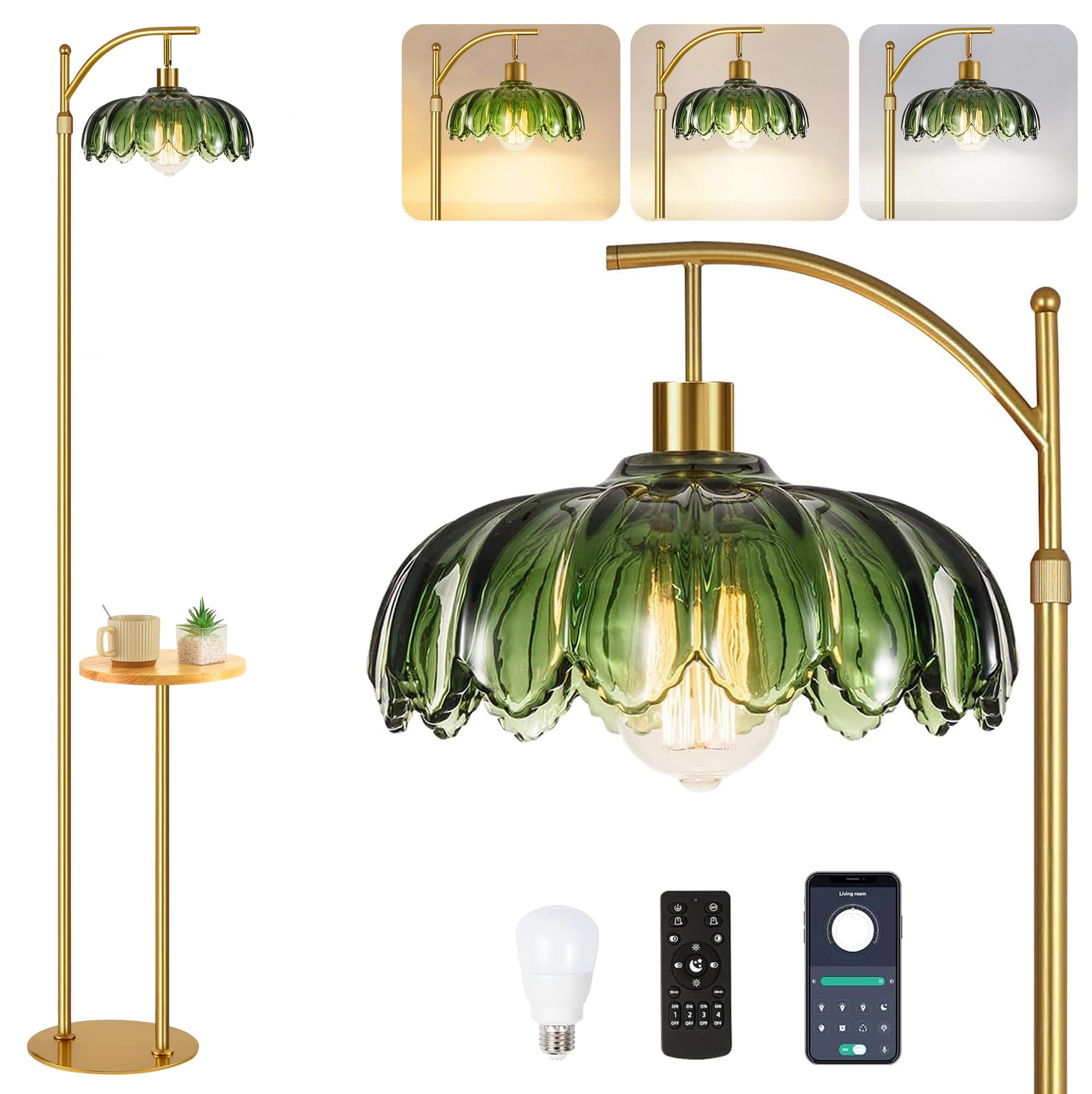 Qiyizm Floor Lamp With Table And Shelves For Living Room Bedroom Rattan Shelf Floor Lamps With Remote Boho Dimmable Standing Lam