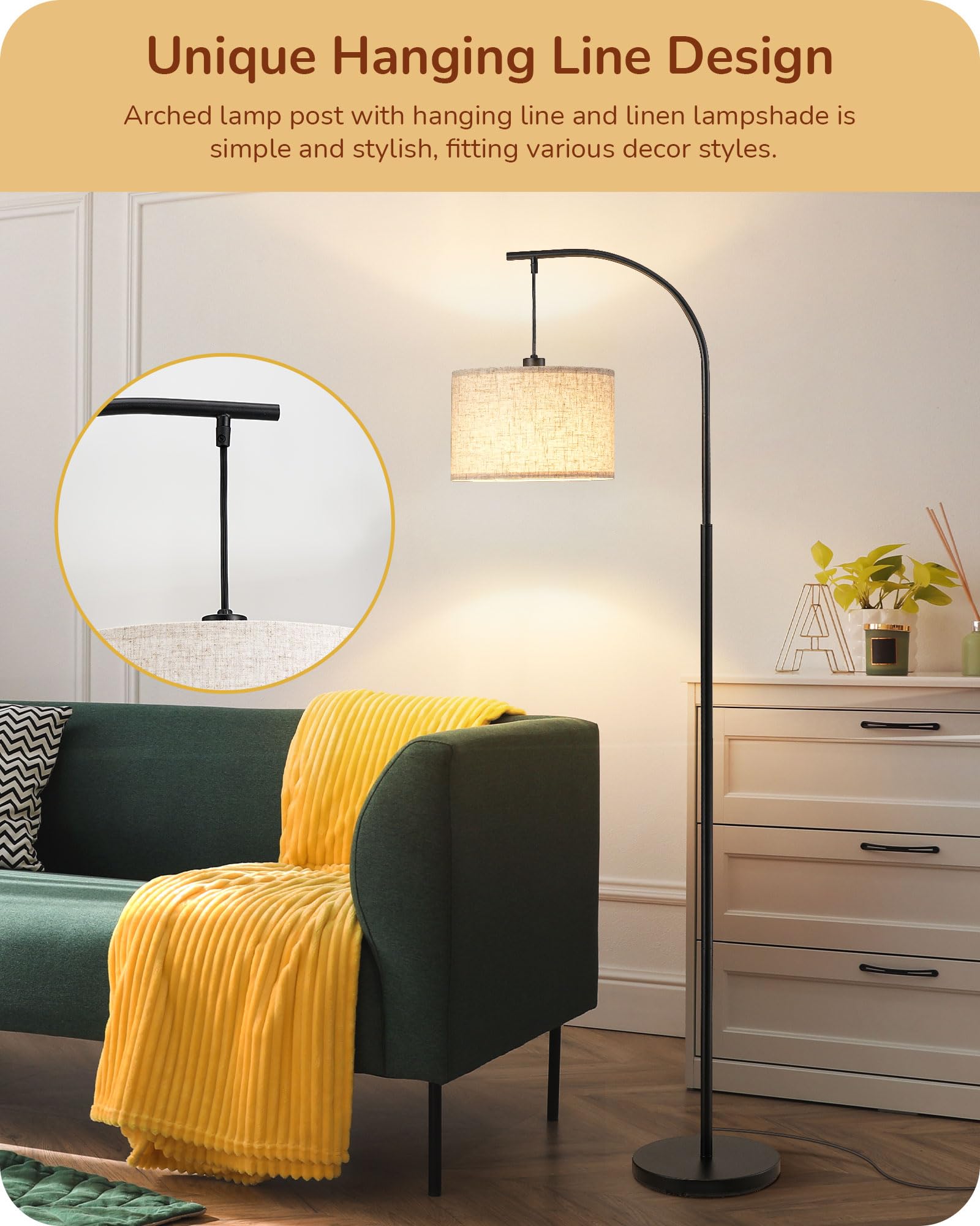 Edishine Modern Arc Floor Lamp With Beige Linen Drum Shade & Heavy Base, Dimmable Black Reading Light, Remote Control Bulb Inclu