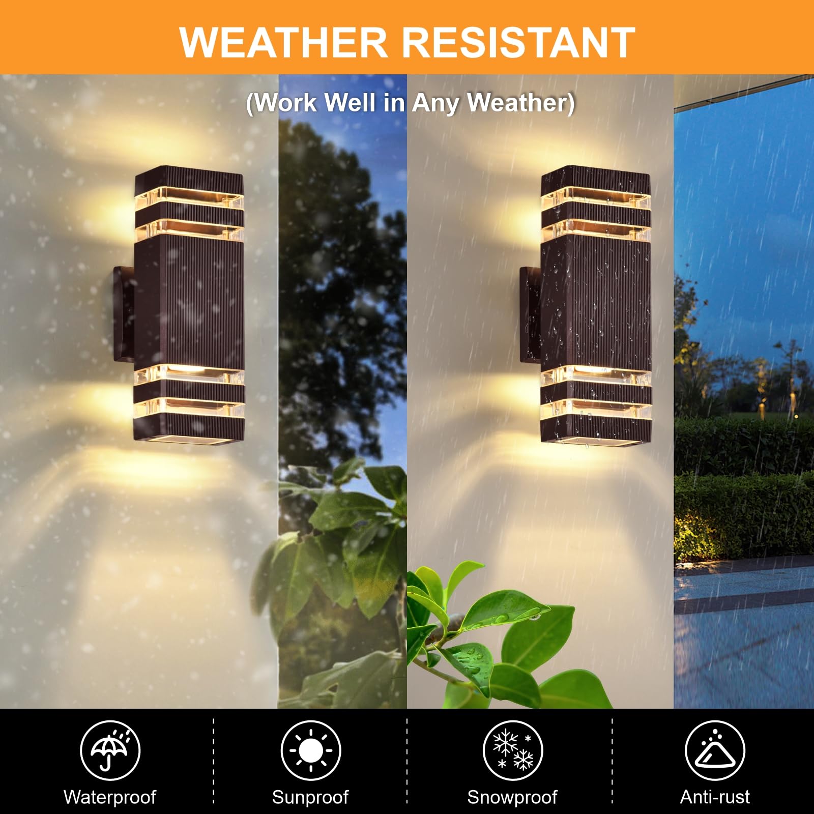 DASTOR 4 Pack Outdoor Wall Lights, Brown Modern Sconce Fixtures, Up and Down Lighting for Porch, Patio, Garage - Model DST-241101
