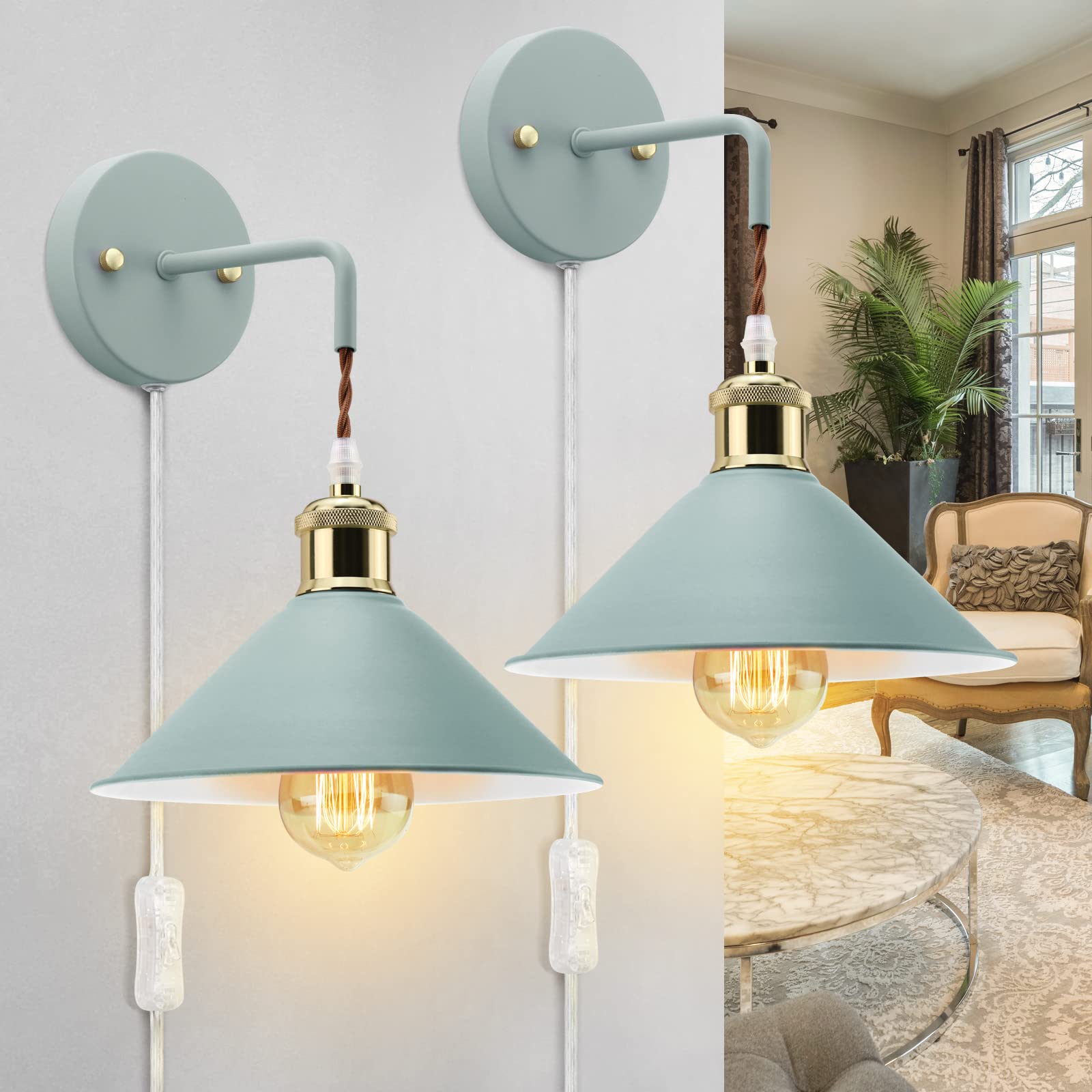 Kewanno Blue Plug-In Wall Sconces, 2-Pack Modern E26 Light Fixtures For Home Lighting