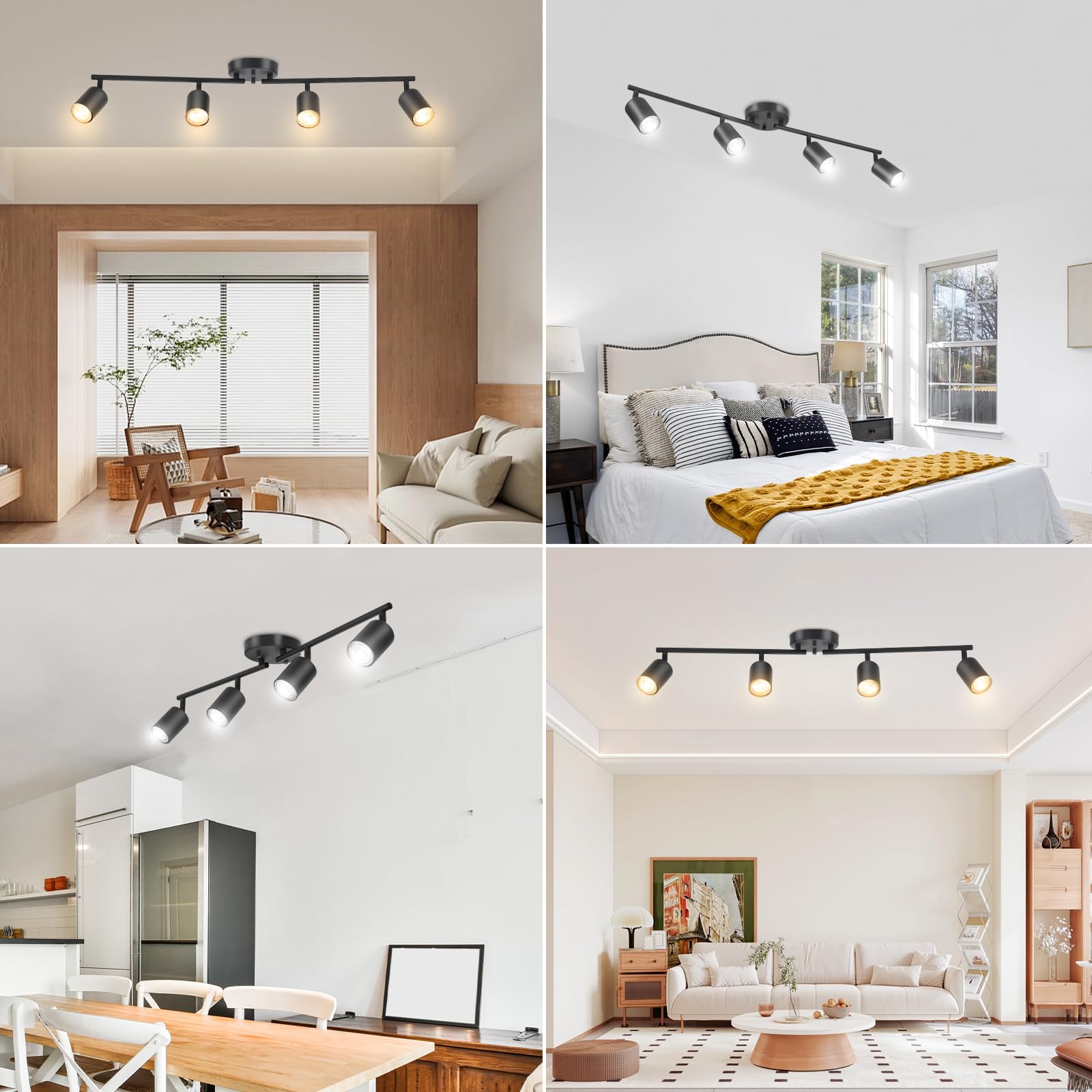 Boostarea Led 4 Light Track Lighting Kit, Black 4 Way Ceiling Spot Lighting, Flexibly Rotatable Light Head For Kitchen, Living R