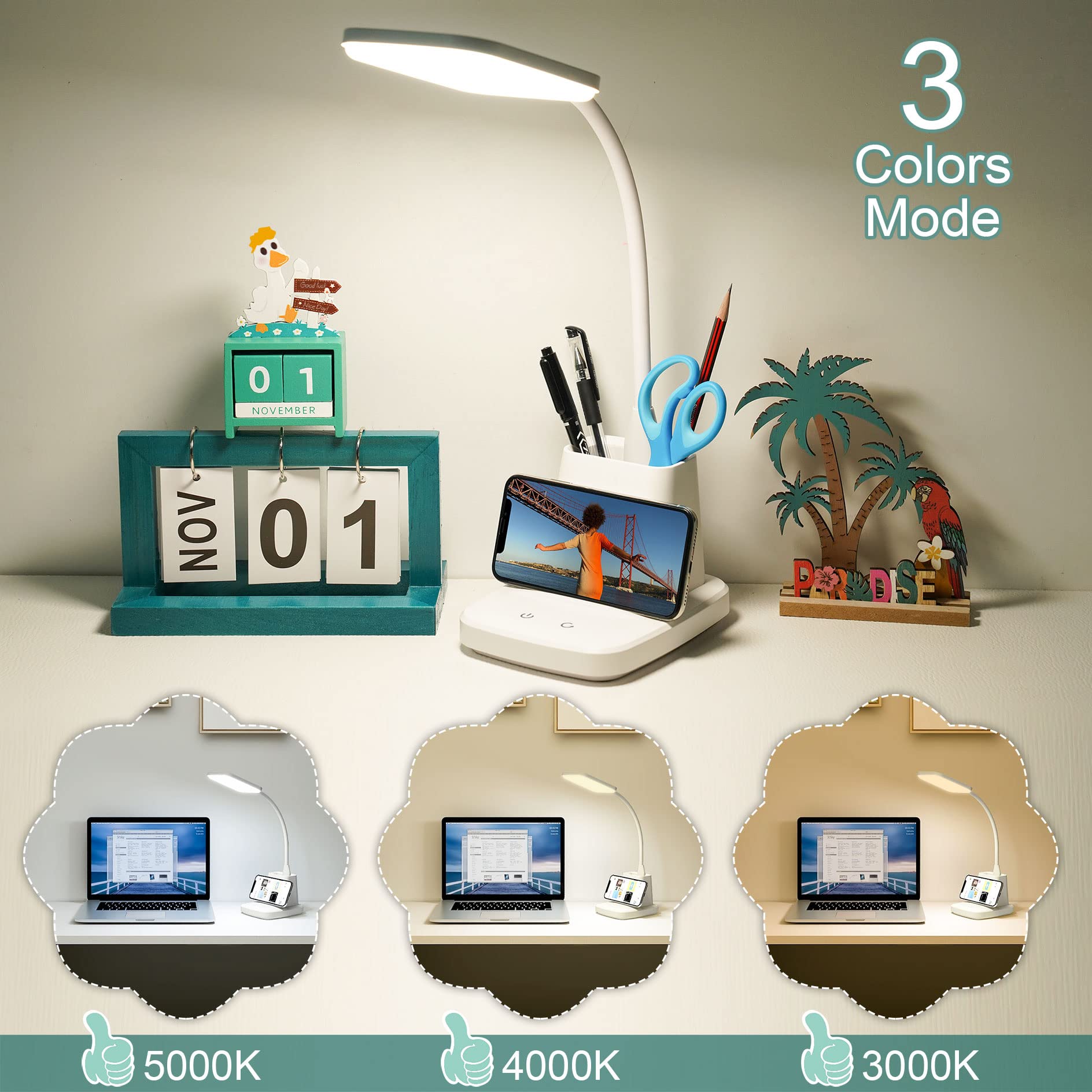 Sailstar Upgraded Led Desk Lamp With Wireless Charger, White Small Desk Light With Pen Holder, 3 Color Modes, Cri 85, 800 Lumen,