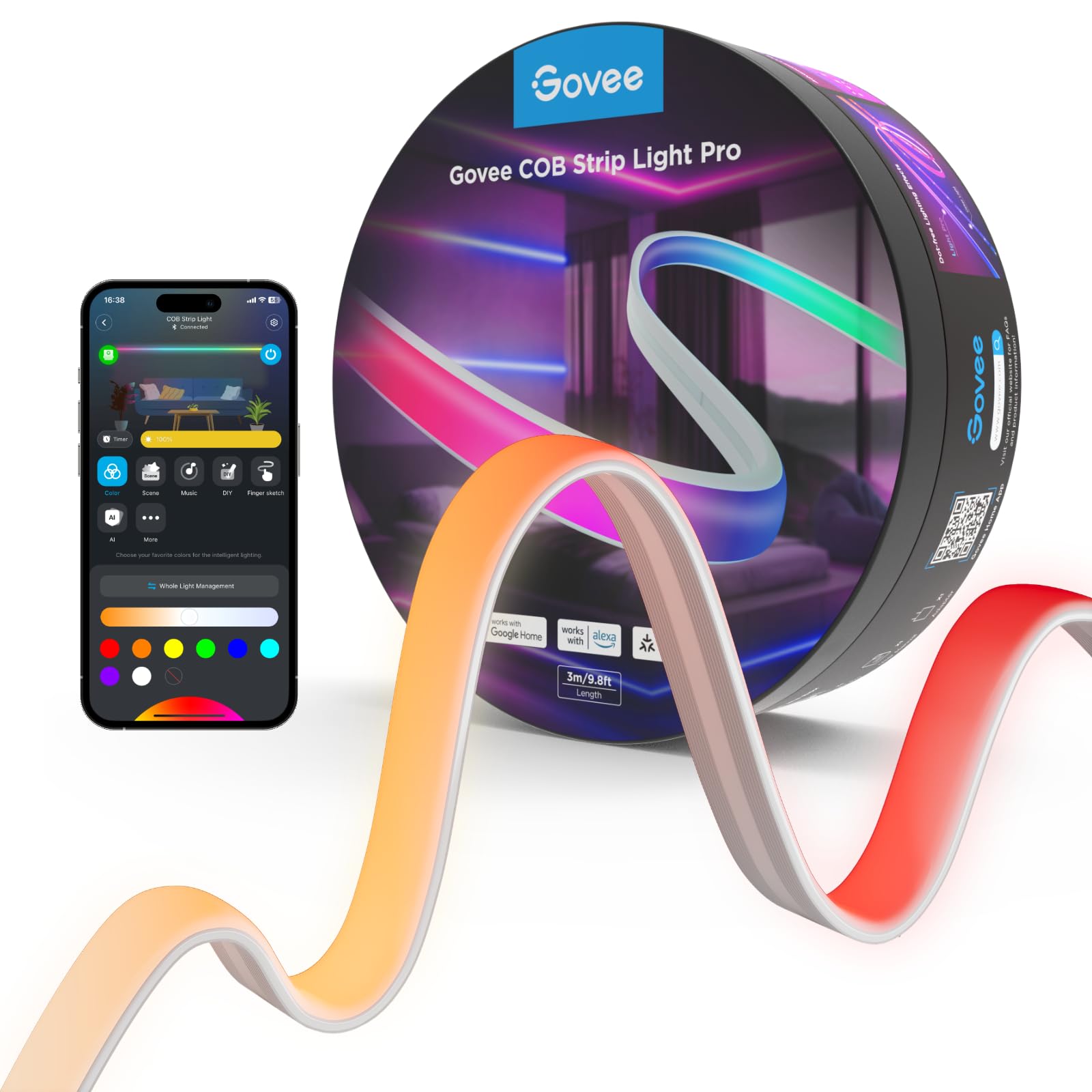 Govee COB LED Strip Light Pro, Smart RGBICW Light, 9.8ft, Multicolor, Model H61E5