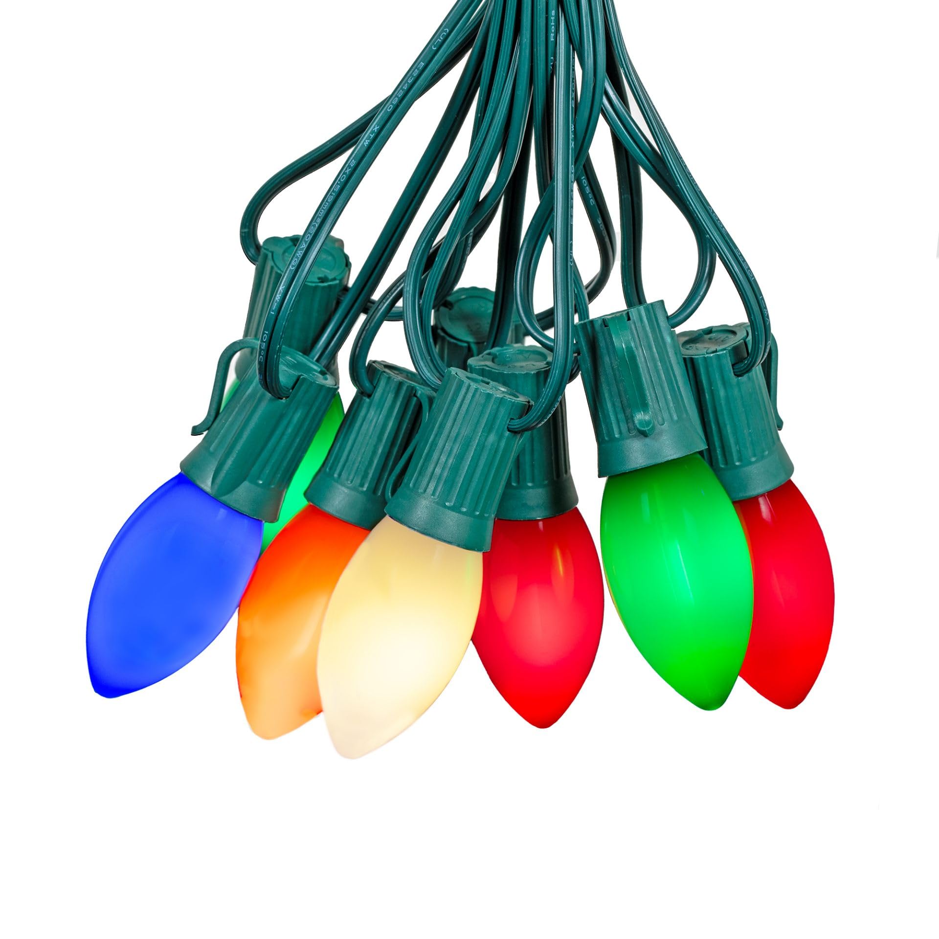 Novelty Lights Vintage LED C9 String Lights – 25 Ft, Multicolor Ceramic Bulbs, Shatterproof, Green Wire, Indoor/Outdoor