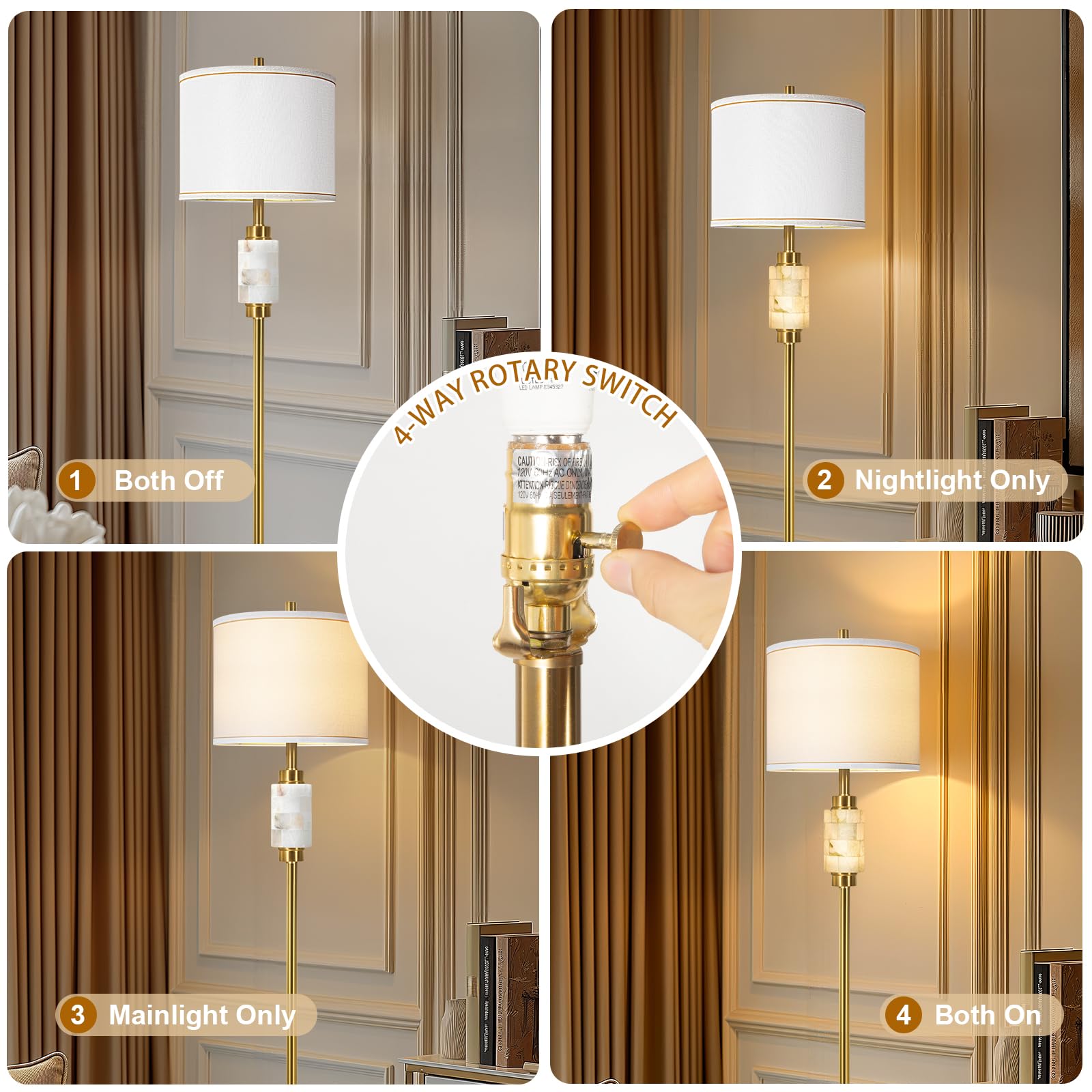 KIVDITZO Rustic Floor Lamp with Night Light, Marble Base, White Linen Shade, Gold Finish, Tall Design for Living Room, Bulb Included