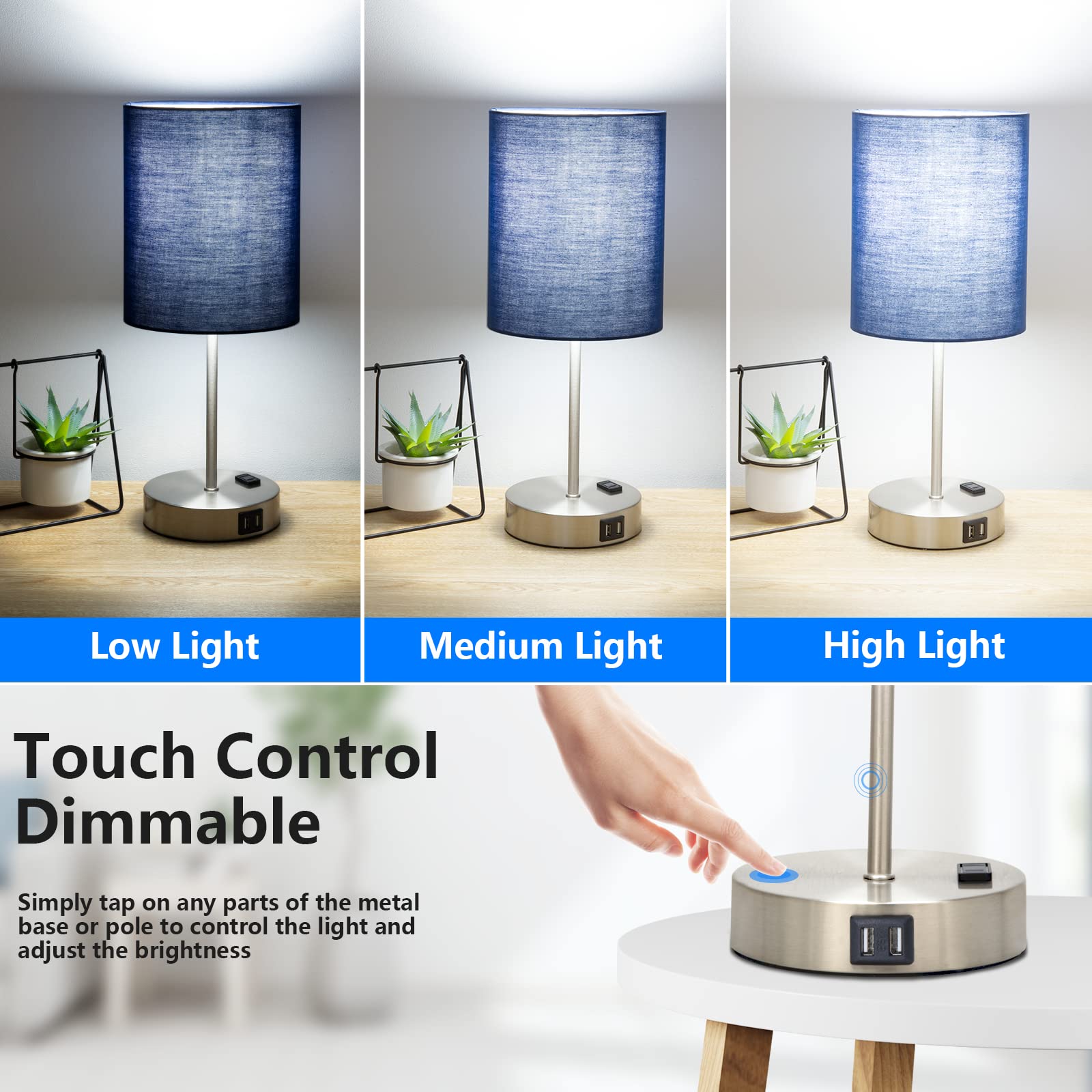 ShineTech Touch Control Bedside Table Lamp Set of 2, 3-Way Dimmable, USB Ports, Blue, Metal, Model JYT-01471-TL-BLUE-