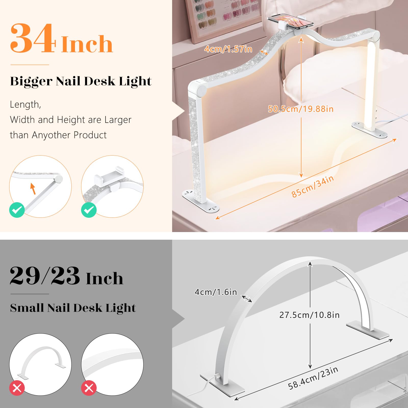 Yokilly Arc Half Moon Light - 34" Foldable LED Desk Lamp, Stepless Brightness, White Aluminum for Manicurists