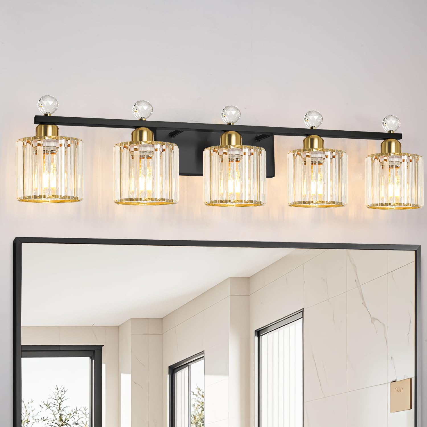 5 Light Black and Gold Vanity Light  Modern Crystal Bathroom Vanity Lighting Fixtures  Bath Wall Mount Lights with Clear Crystal Glass Shade  Wall Sconce Light for Mirror Bedroom Living Room  E26 Base