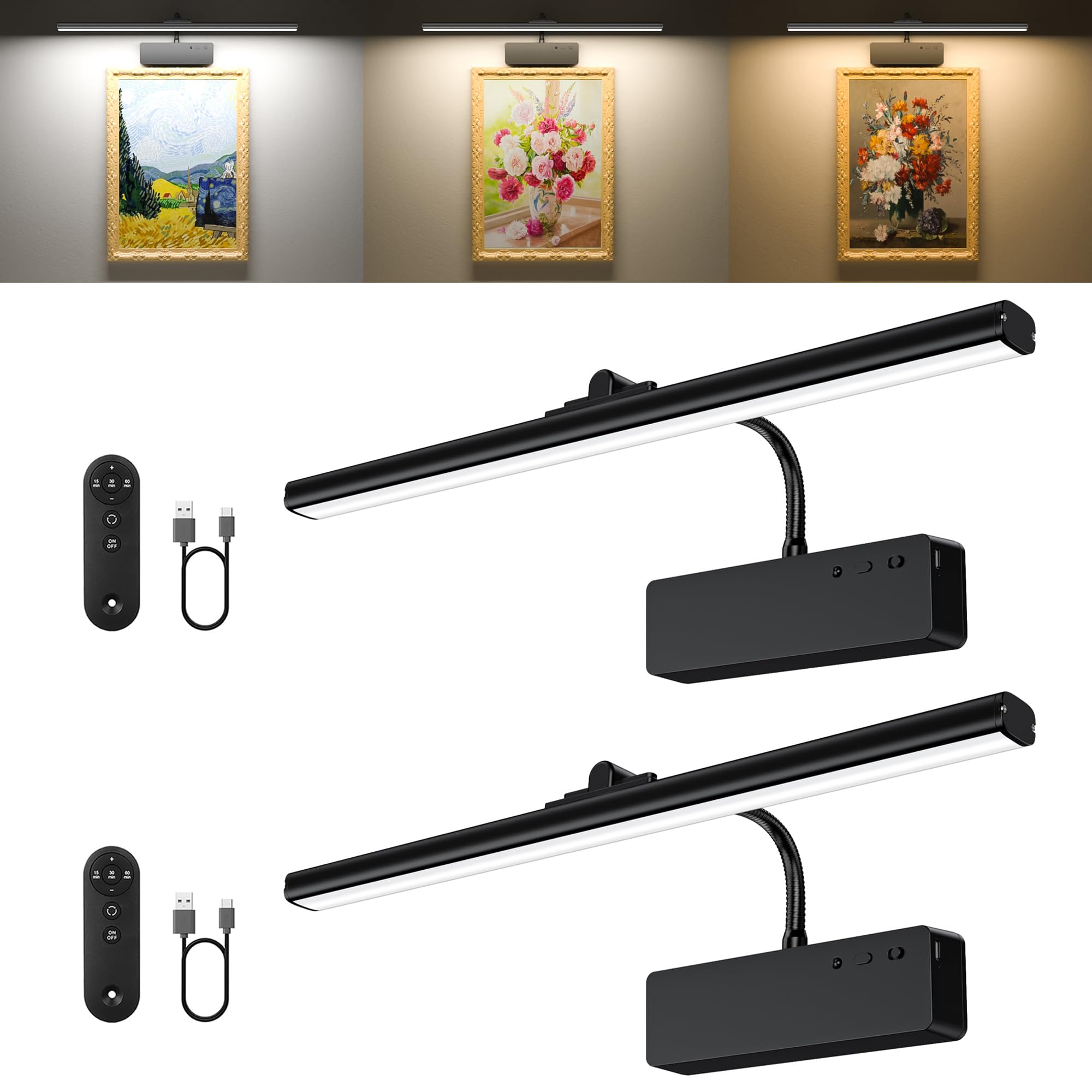 Picture Light  15.35Inch Wireless Picture Lights For Wall Rechargeable  5400Mah Battery Wall Light With Remote  3 Color Art Lighting For discomfort-reducingtings With Timer And Dimmable Artwork Display (Black-2Pcs)