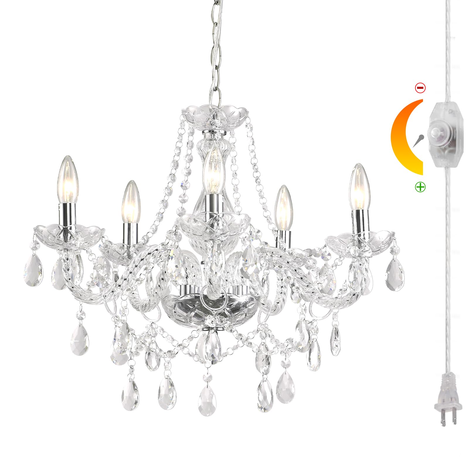 HOXIYA Dimmable Plug-in 5 Light Crystal Chandelier with Cord Glass, Chrome Candle Style Hanging Swag Lighting, K9 Crystals Beads