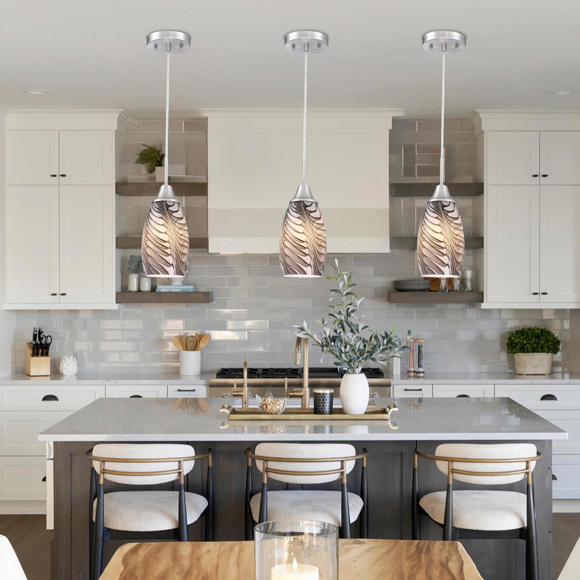 Viinew Mini Glass Pendant Light 3-Pack With Handblown Black Gray Marble Art Oval Glass Lamp Ceiling Hanging Light,For Dining Roo