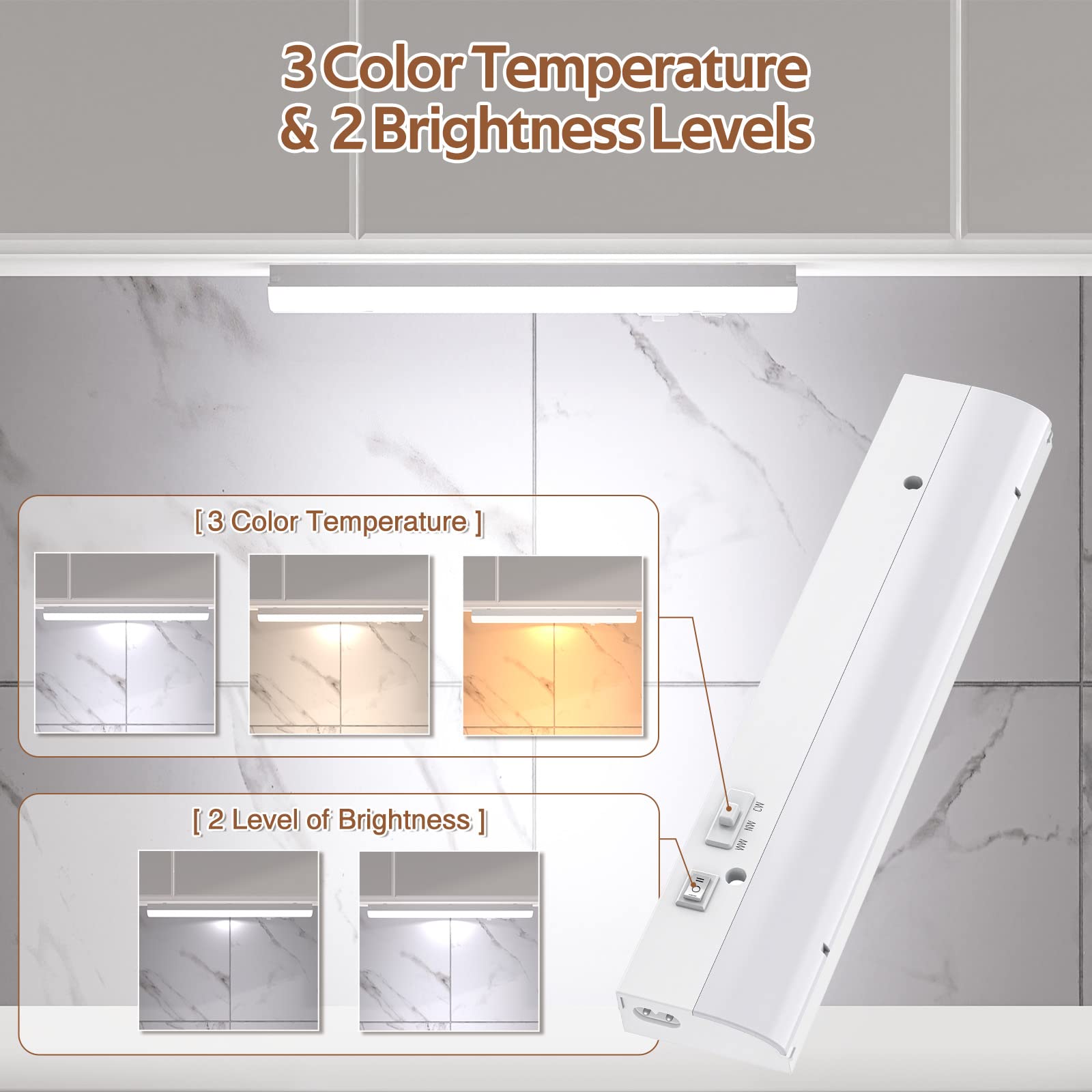 Pesuten Led Under Cabinet Task Lighting For Kitchen Plug-In Closet Light Dimmable Under Cabinet Light 3 Color 3000K/4000K/5000K For Kitchen Garage Counter/Sink Area 12 Inch