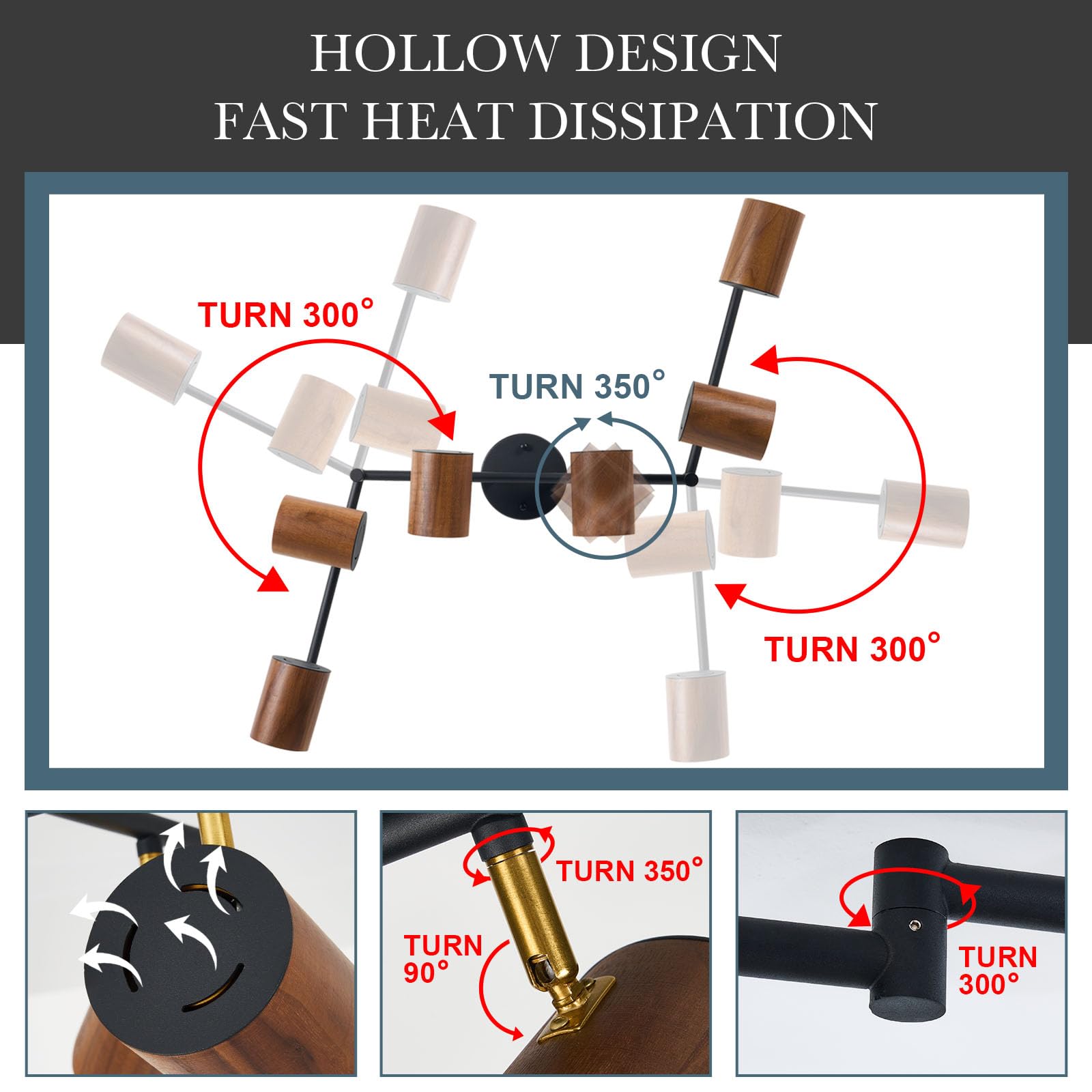 Modern 6-Light Track Lighting, 47 Inch, Natural Wood Adjustable Light Heads, Brass Accent, Matte Black Ceiling Track Lights For