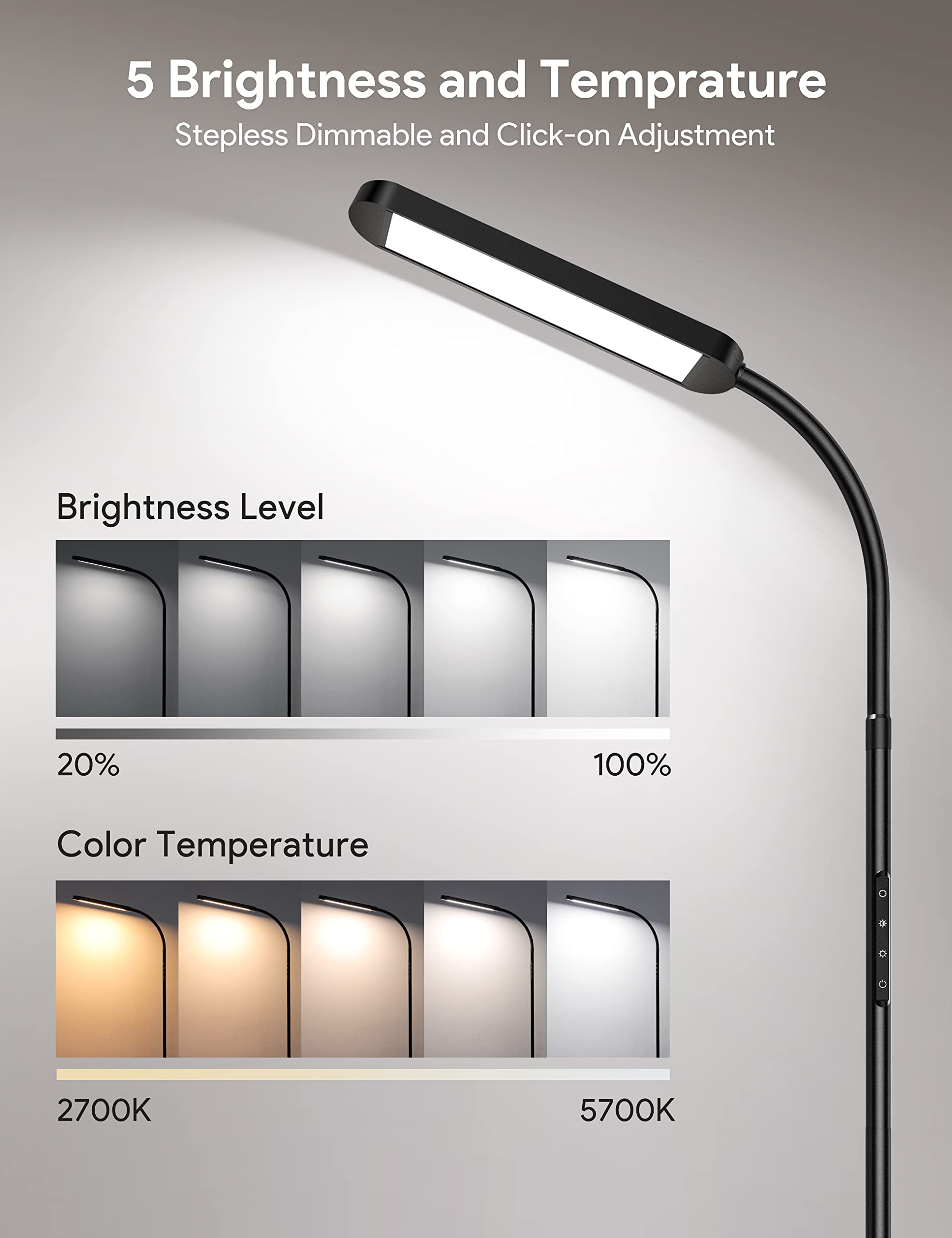 MediAcous LED Floor Lamp - Dimmable Standing Lamp with Remote, 5 Colors, 1H Timer, Iron, Black, Model ME-FL01