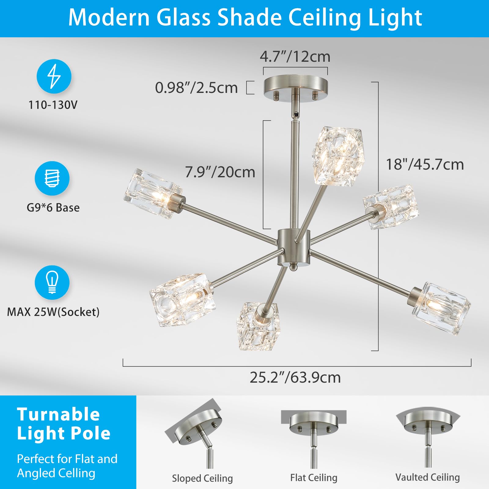 Xingqi 6-Light Semi Flush Mount Ceiling Light Fixture Modern Brushed Nickel Sputnik Chandelier 25.2'' Ceiling Lighting For Bedro