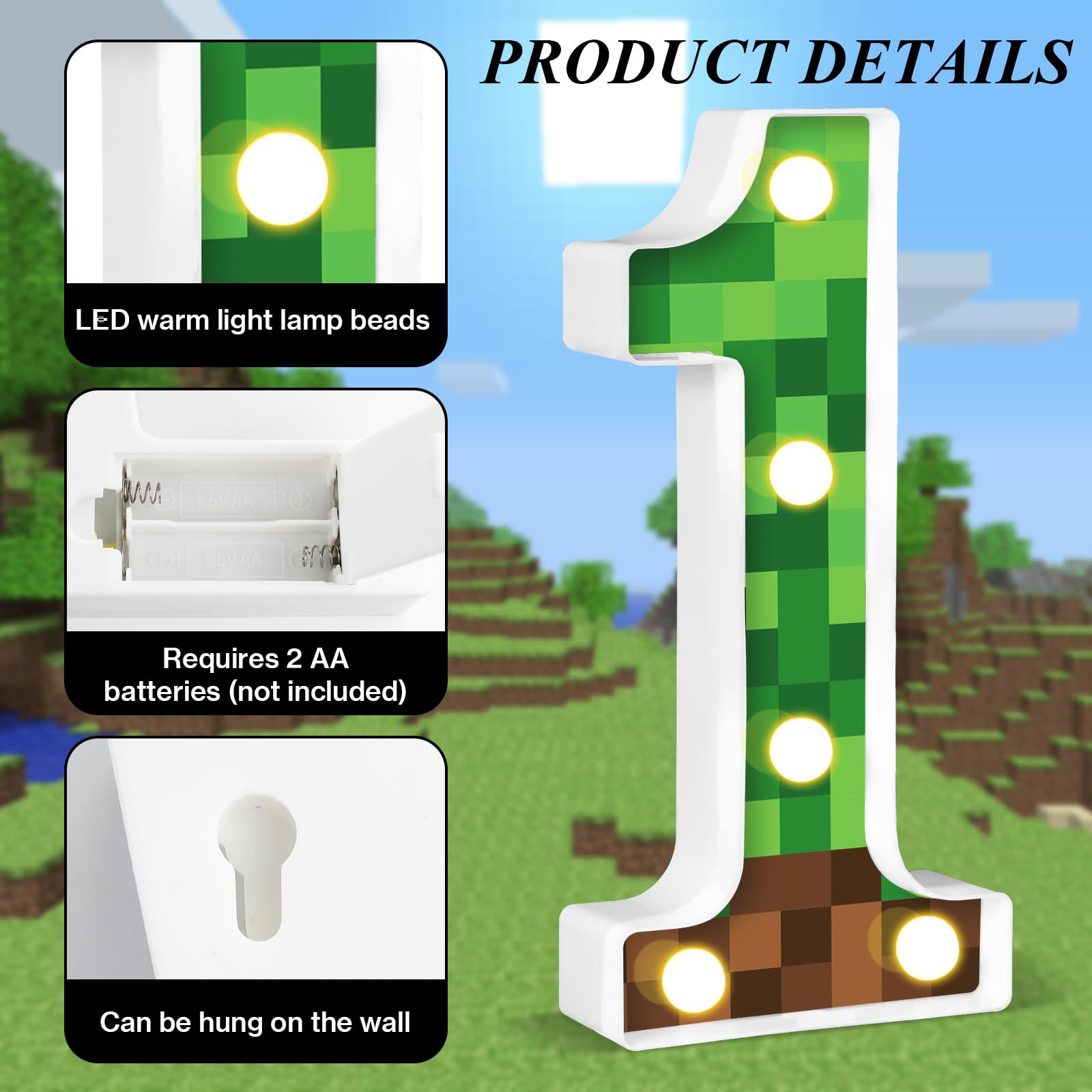 AXBMM 8.5in Pixel Game Light Up Sign, Birthday Decorations, Green/Brown, Model XY-371, LED Material, Number 1 Centerpiece