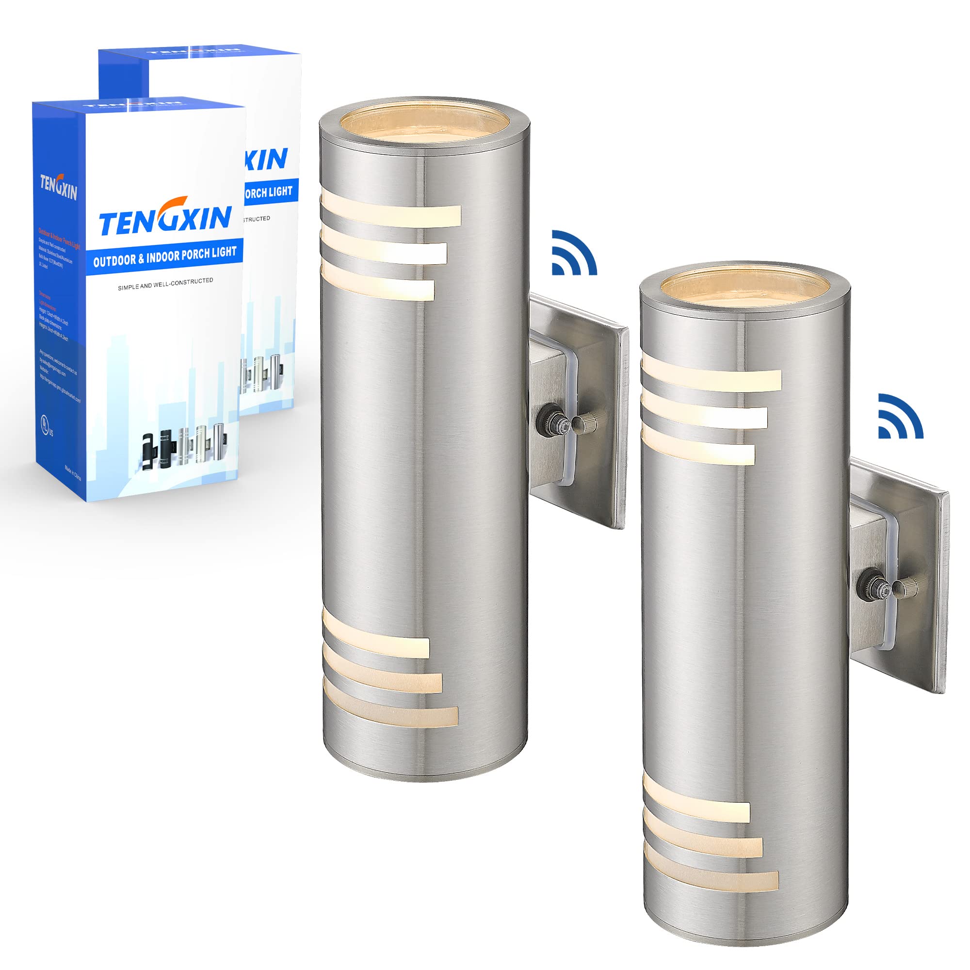 TENGXIN Outdoor Wall Sconce, 2 Pack Dusk to Dawn, Stainless Steel Cylinder, Brushed Nickel, Model TXWLSS00052P-G