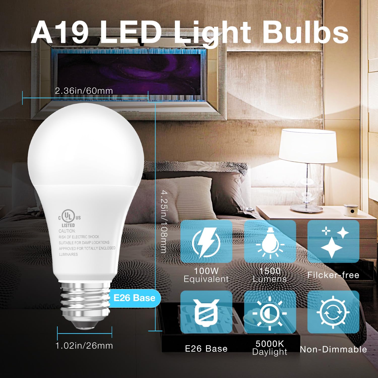 dalattin 4 Pack LED Bulbs - 5000K Daylight White, 100W Equivalent, E26 Base, 15W Energy Saving, Non-Dimmable, UL Listed