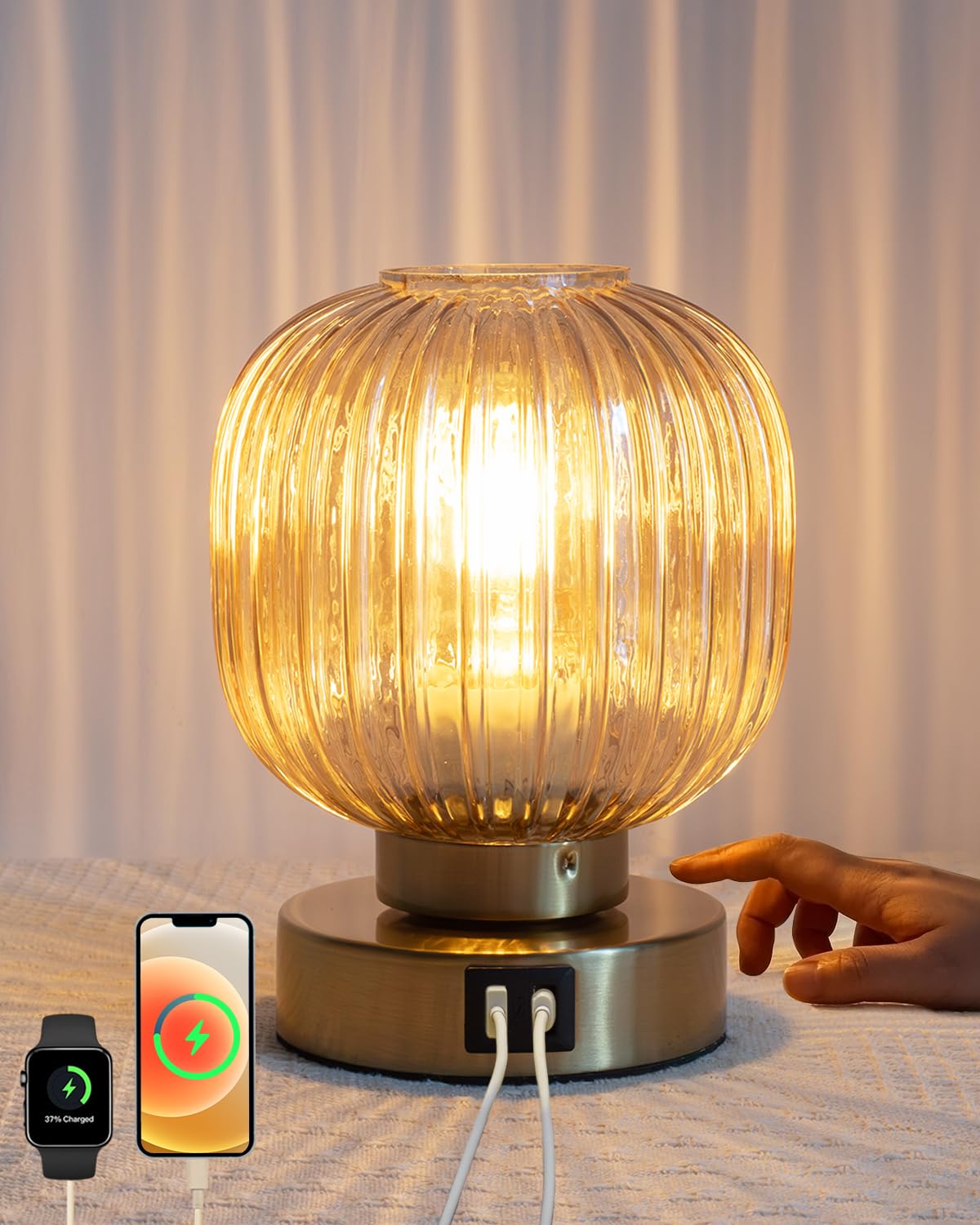 Touch Small Table Lamp,Elegant Gold Glass Bedside Lamp 3 Way Dimmable with USB C+A Charging Ports - Bedroom Nightstand & Living 