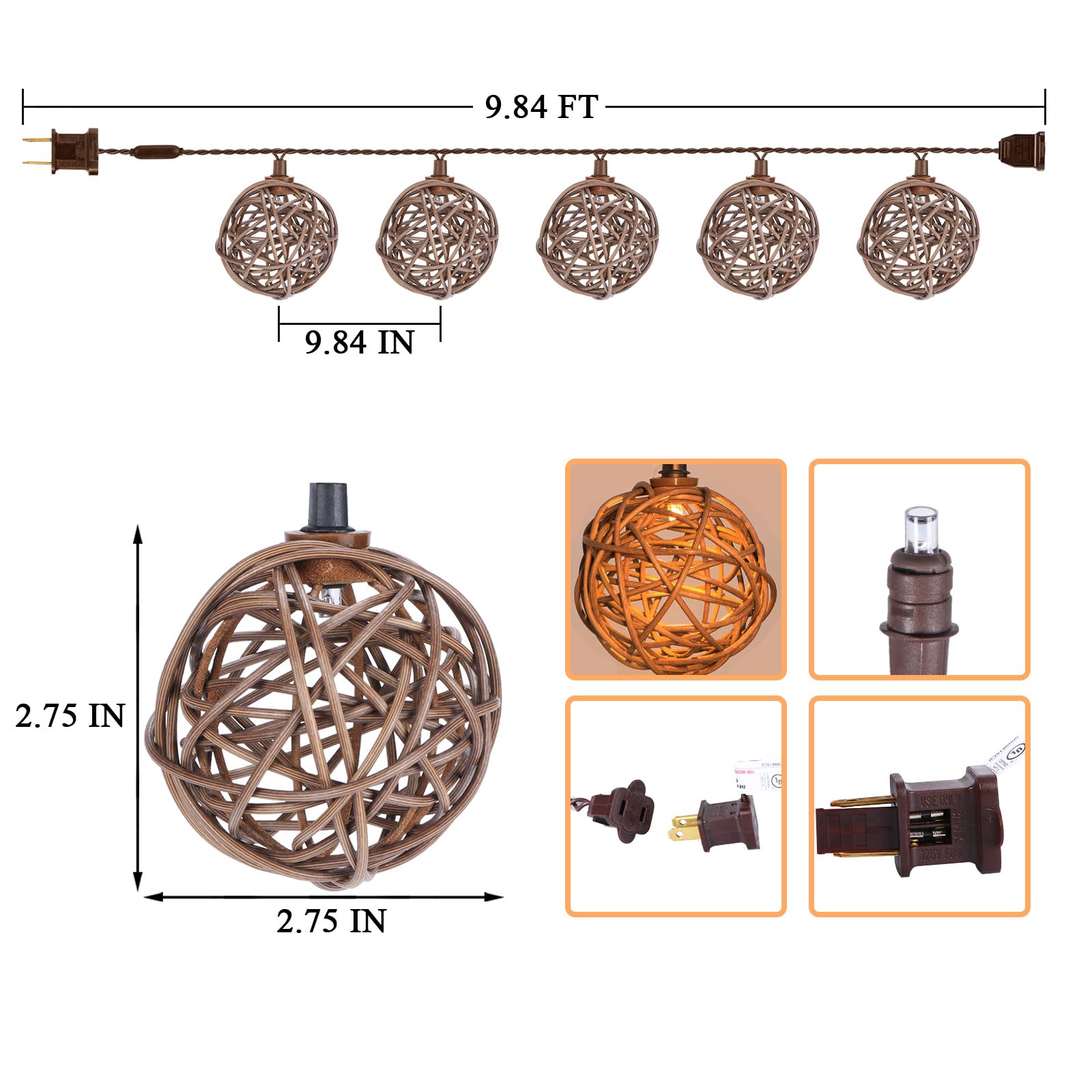 Vigdur Rattan - Lantern String Lights With 10 Led Bulbs Connectable Indoor Outdoor Decorative Lights For Balcony Patio Garden We