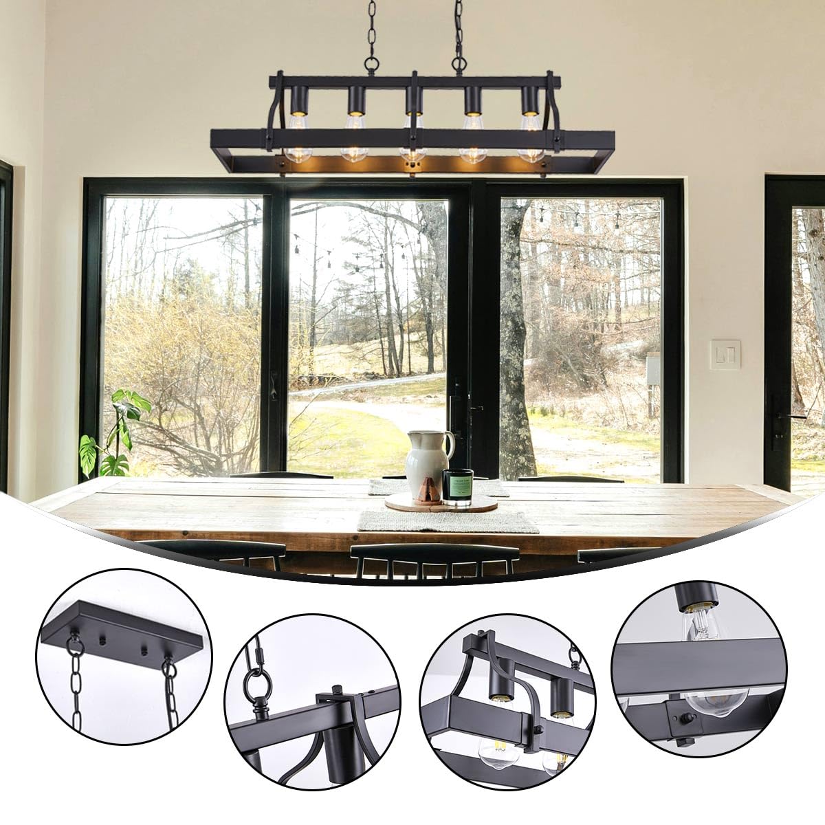 Feohak Indutstiral Black Chandeliers For Dining Room  5-Light Farmhouse Rustic Light Fixtures Over Table  Modern Linear Rectangular Kitchen Island Ceiling Pendant Lighting