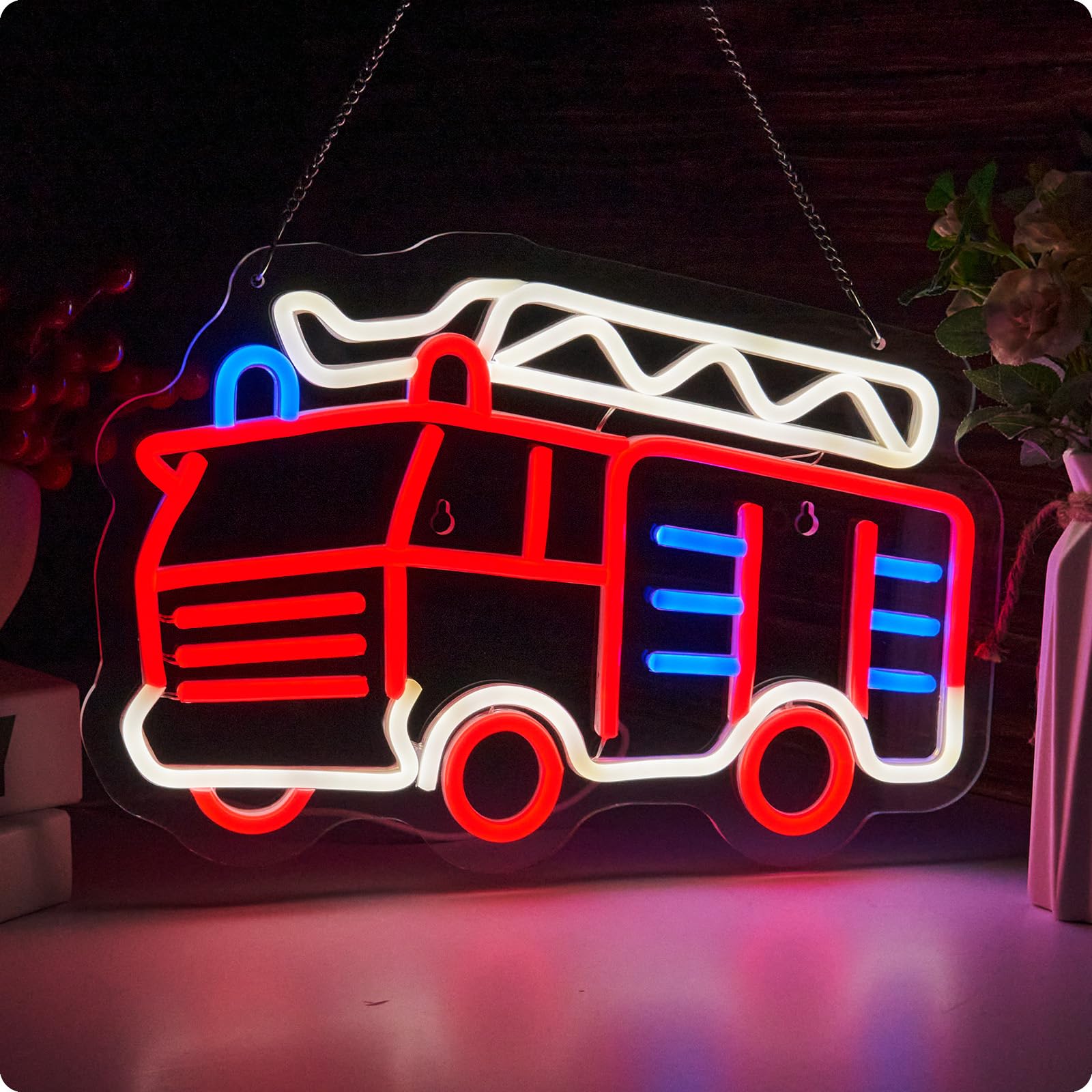 ORIXIAYE Fire Fighting Truck Neon Sign Wall Decor 10x14.7 inches Red+White