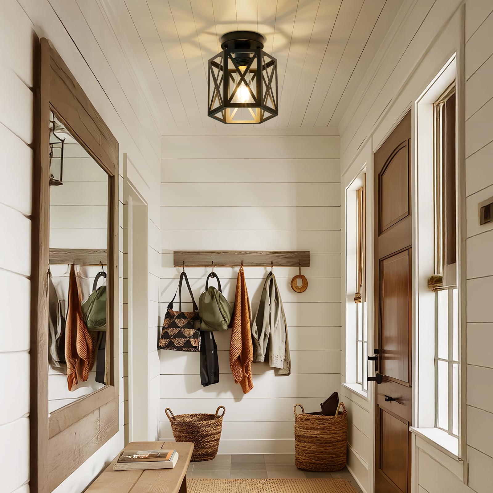 Oteedo 2 Pack Modern Semi Flush Mount Ceiling Light Hexagon Flush Mount Ceiling Lights For Dining Room Light Fixture Farmhouse Black Metal Kitchen Island Lighting Fixtures For Hallway Bathroom