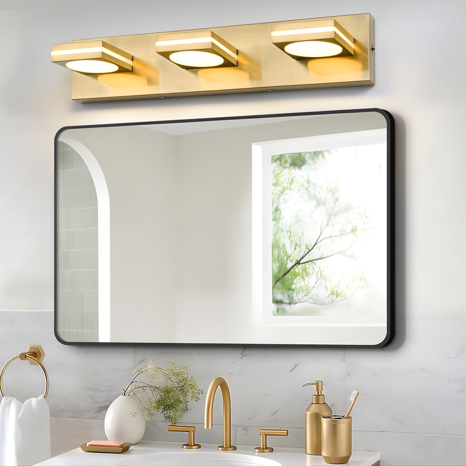 Okeli 3-Light Led Bathroom Vanity Light Fixtures  Gold Modern Bathroom Wall Lighting Fixtures Over Mirror (3Cct  3000K-6000K)