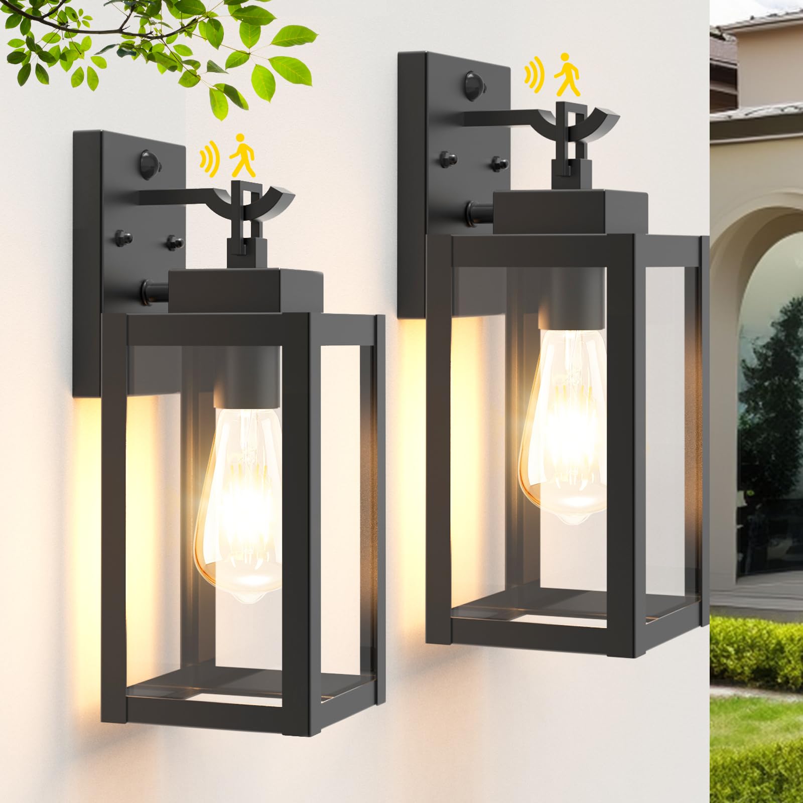 LTBLIGHT 2-Pack Motion Sensor Outdoor Wall Light Fixtures, 3 Modes Dusk to Dawn Porch Light Lantern with 3 Modes, Modern Black W