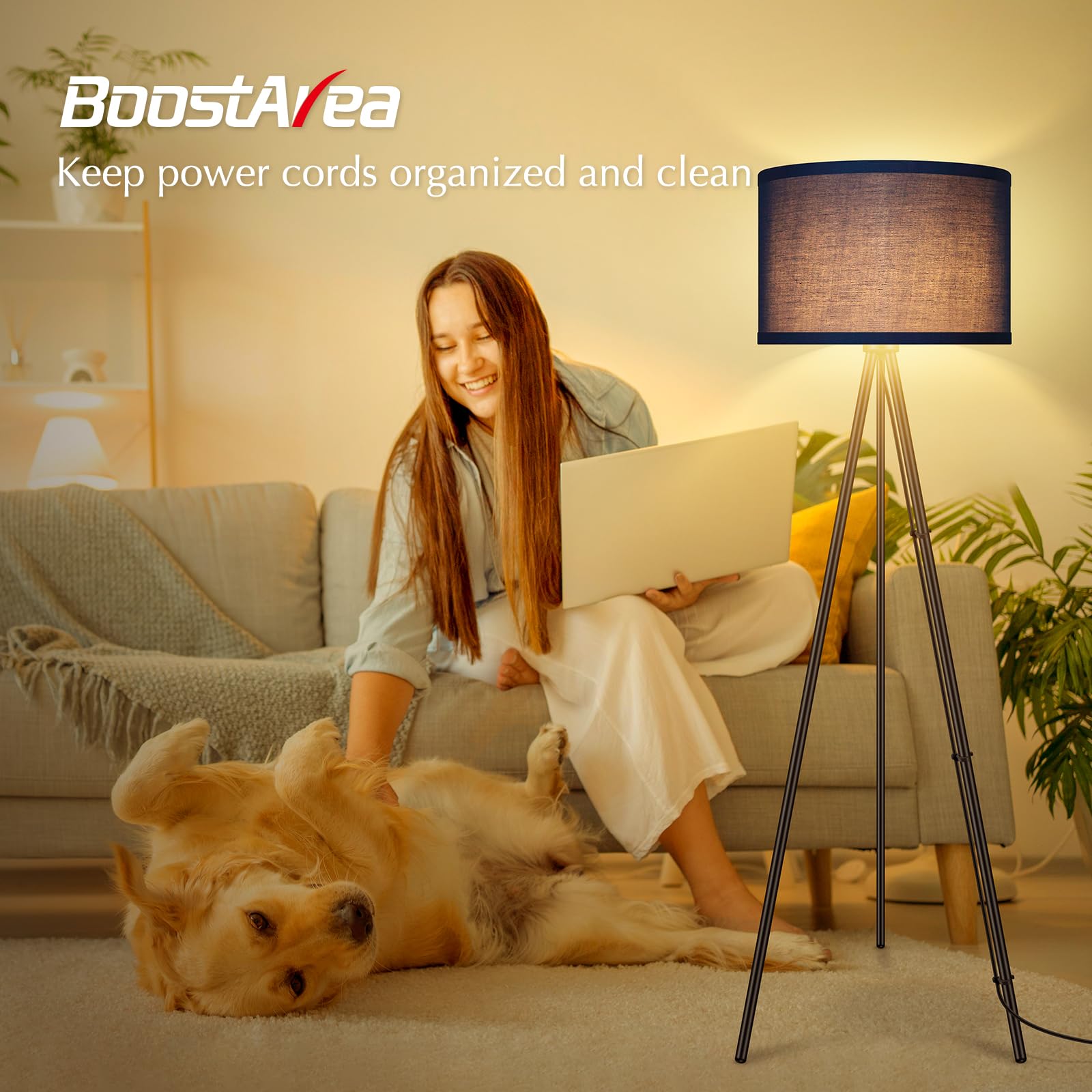 Boostarea Floor Lamp For Living Room, Tripod Floor Lamp, Blue Linen Lamp Shade, Blub Not Included, Mid Century Standing Lamp For