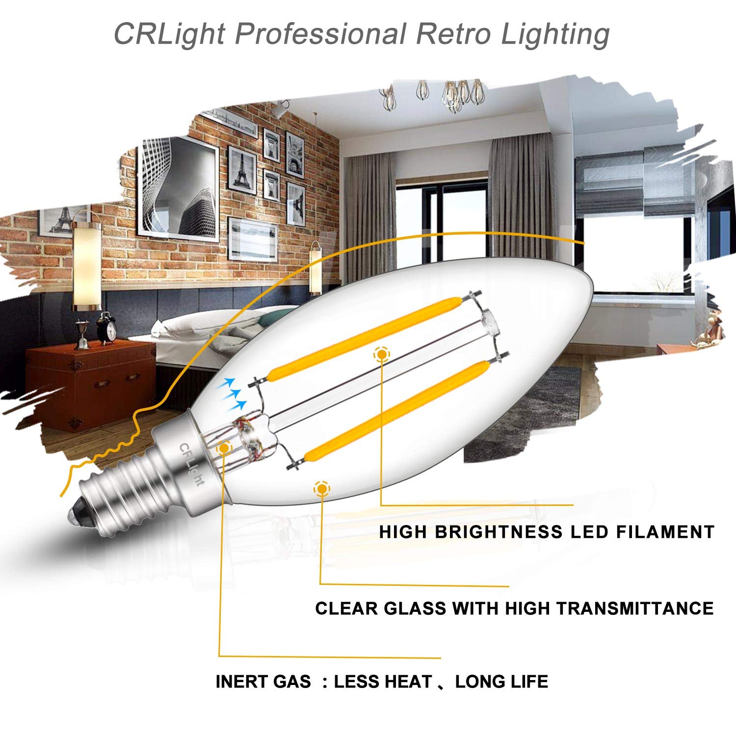 CRLight LED Candelabra Bulb 2W Filament, Soft White 3000K, E12, 250 Lumens, 12 Pack, Clear Glass