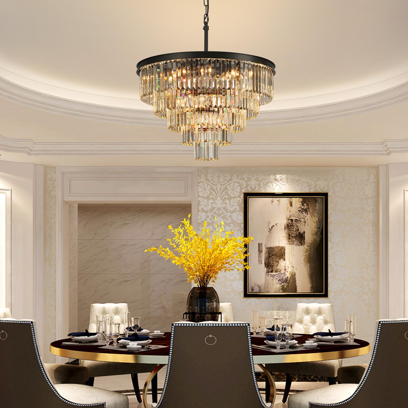 Crystal Chandeliers For Dining Room Lights Fixture Over Table, 20 Lights Black Modern Chandeliers For Living Room, 5-Tier Round