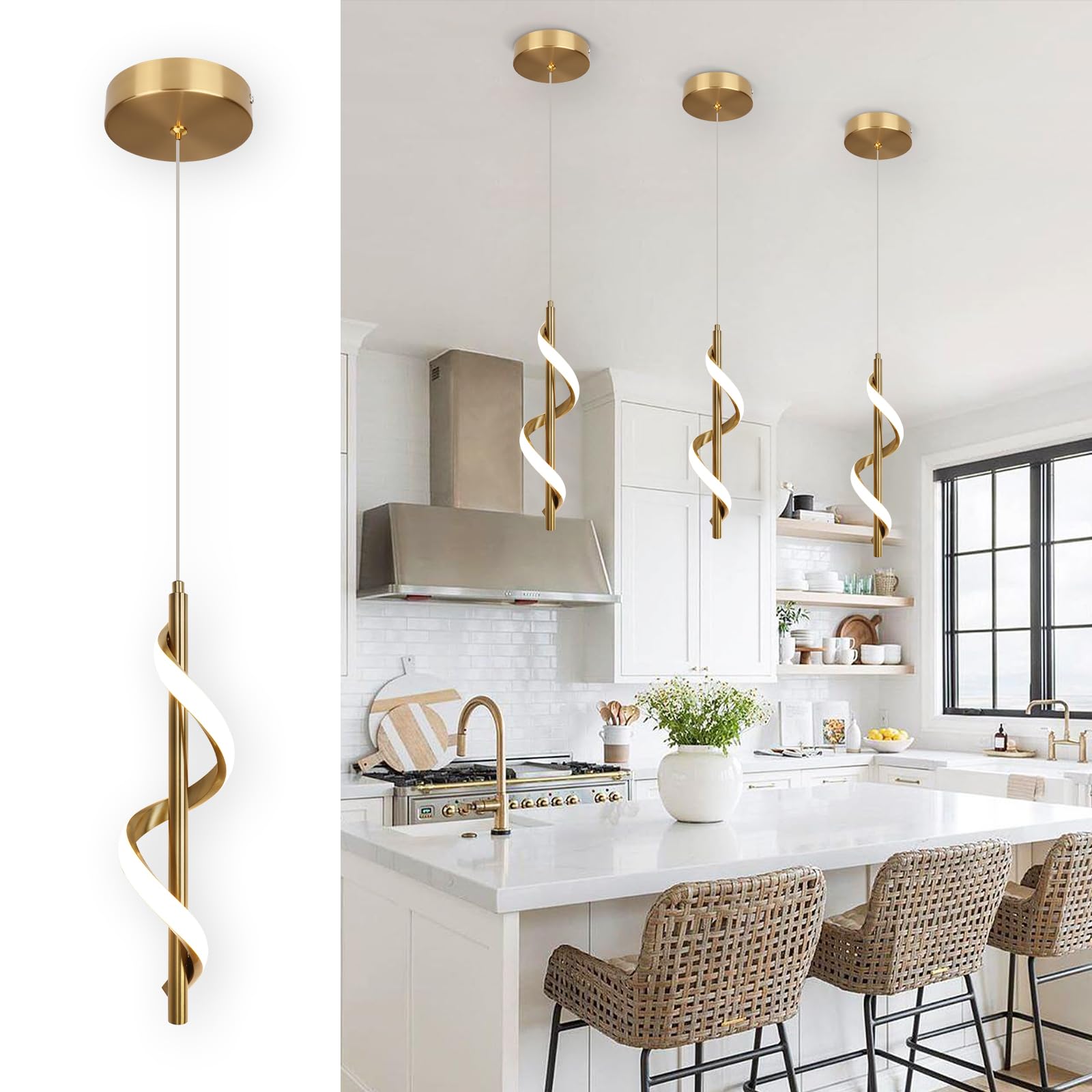 CANEOE Gold Pendant Light, Spiral Modern Led Pendant Lighting for Kitchen Island, 5500K Brushed Brass Ceiling Hanging Light Fixt