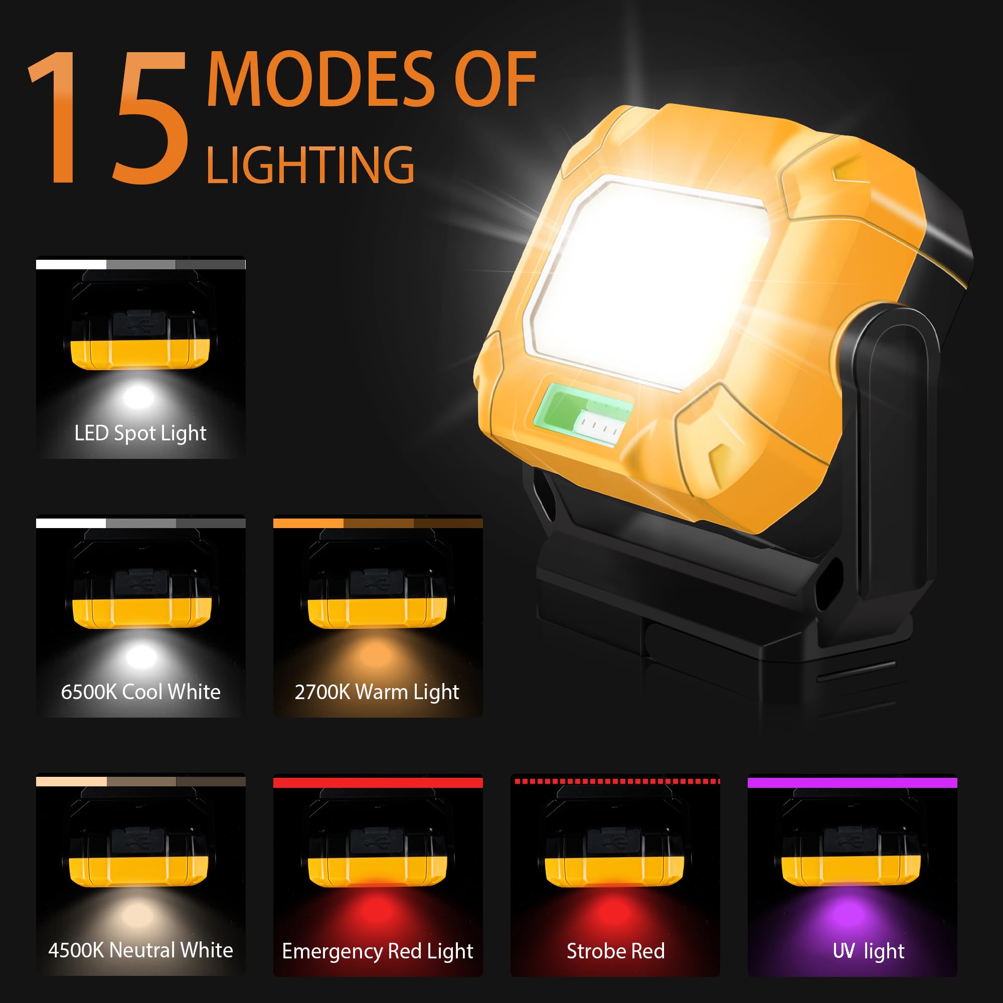 Unibrite Magnetic Work Light, 1200Lm Cob Led Rechargeable Work Light With 15 Lighting Modes, 360°Rotatable Flood Lights For Car Repairing, Job Site Lighting Emergency Outdoor Camping Hiking