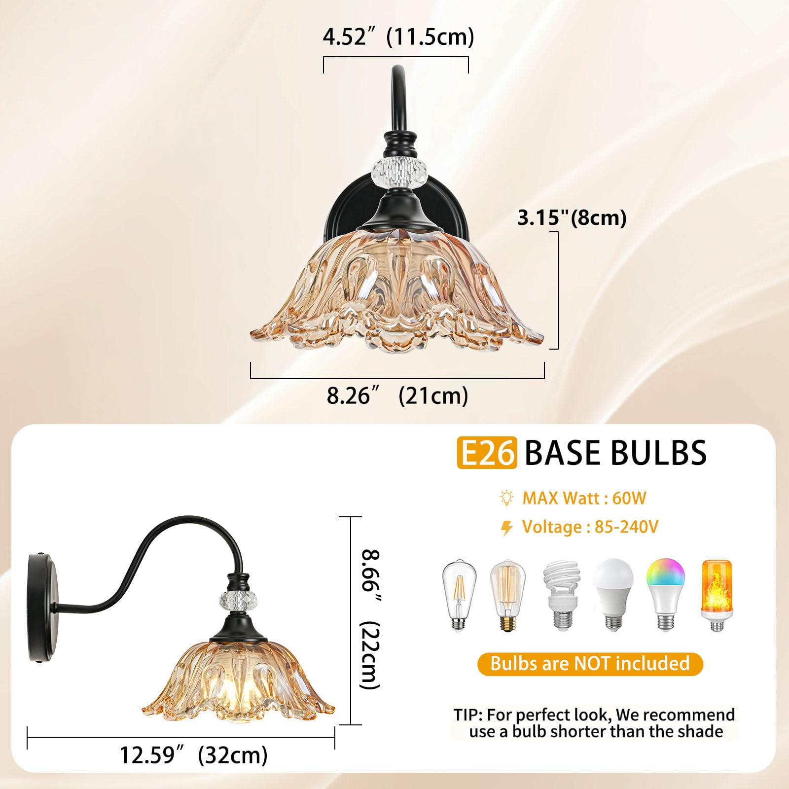 sunkryster Black Wall Sconce - Vintage Bathroom Lighting, 1-Light, Floral Amber Glass Shade, Metal, Model Sun-104AB-1-Black-Amber