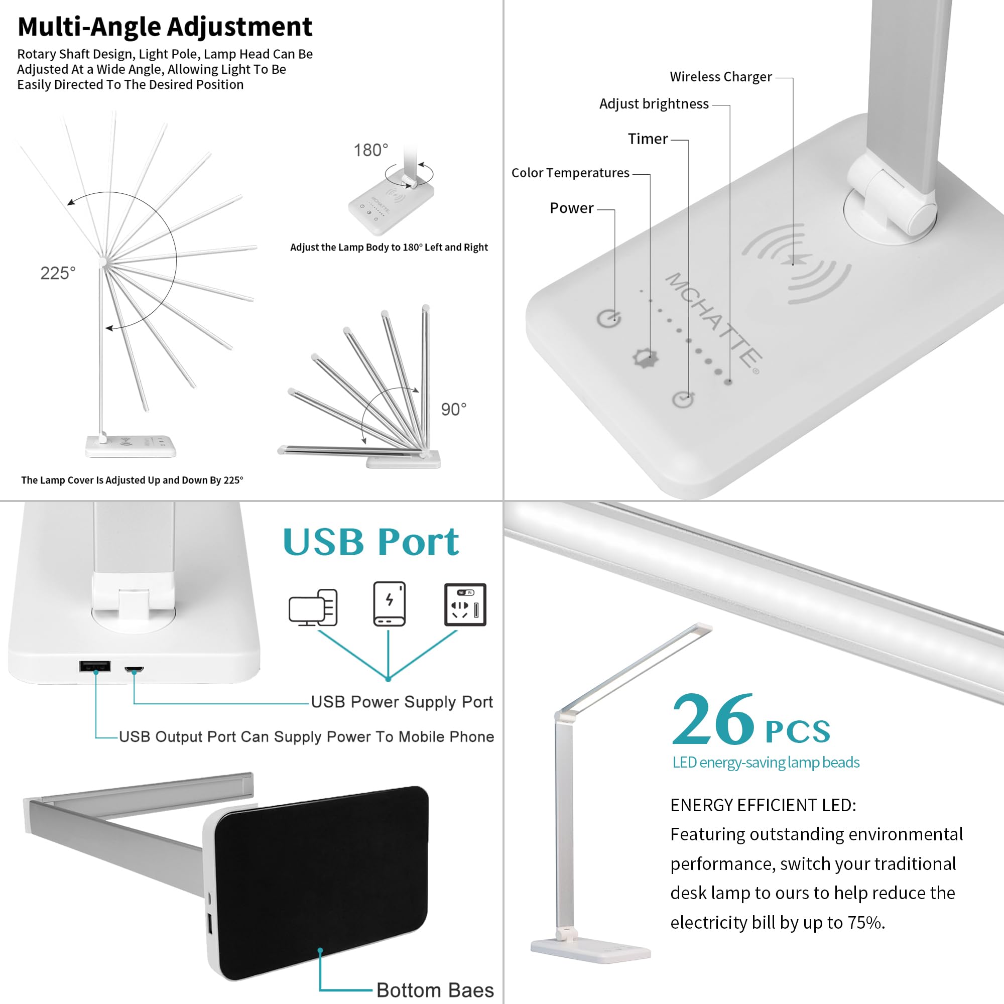 MCHATTE LED Desk Lamp - Dimmable, USB Charging, Touch Control, 5 Brightness Levels, White, Model E009A
