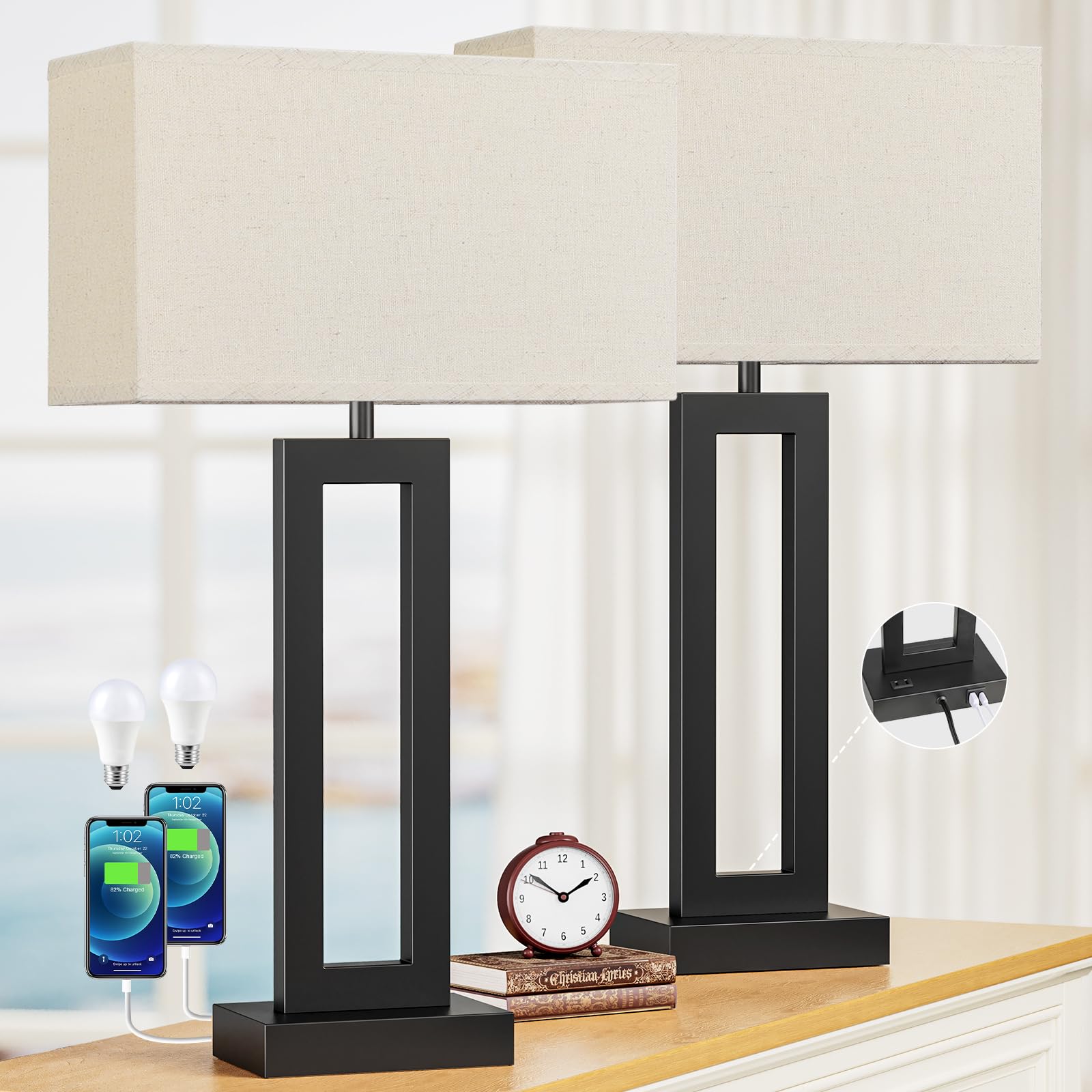 Seealle 26.3in Big Bedroom Table Lamps Set of 2 -Touch Control  3 Way Dimmable  USB C+A Charging  LED Bulbs  Easy Assembly