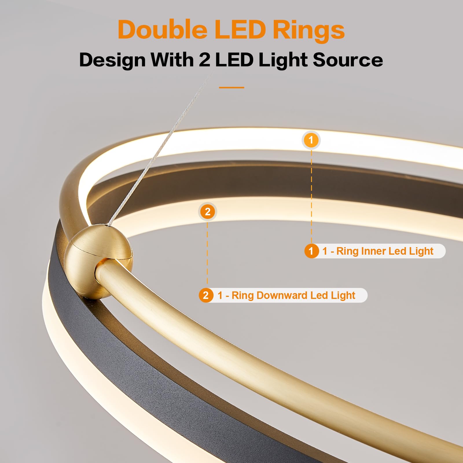 Benkut Modern Led Pendant Light 23.6" Black Gold Dimmable Circular Led Chandelier 1 Ring With Remote, Round Hanging Light For Kitchen Island Dining Room Living Room Foyer Entryway, 2-Ring Lighting