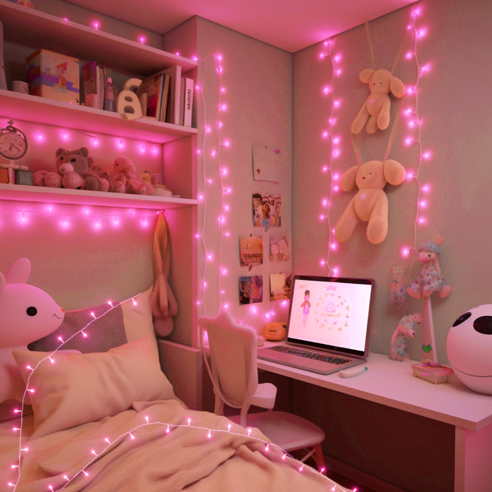 cshare Pink String Lights Outdoor 9.8ft 30 LED Waterproof Battery Operated with Timer for Christmas & Valentine's Day Decorations