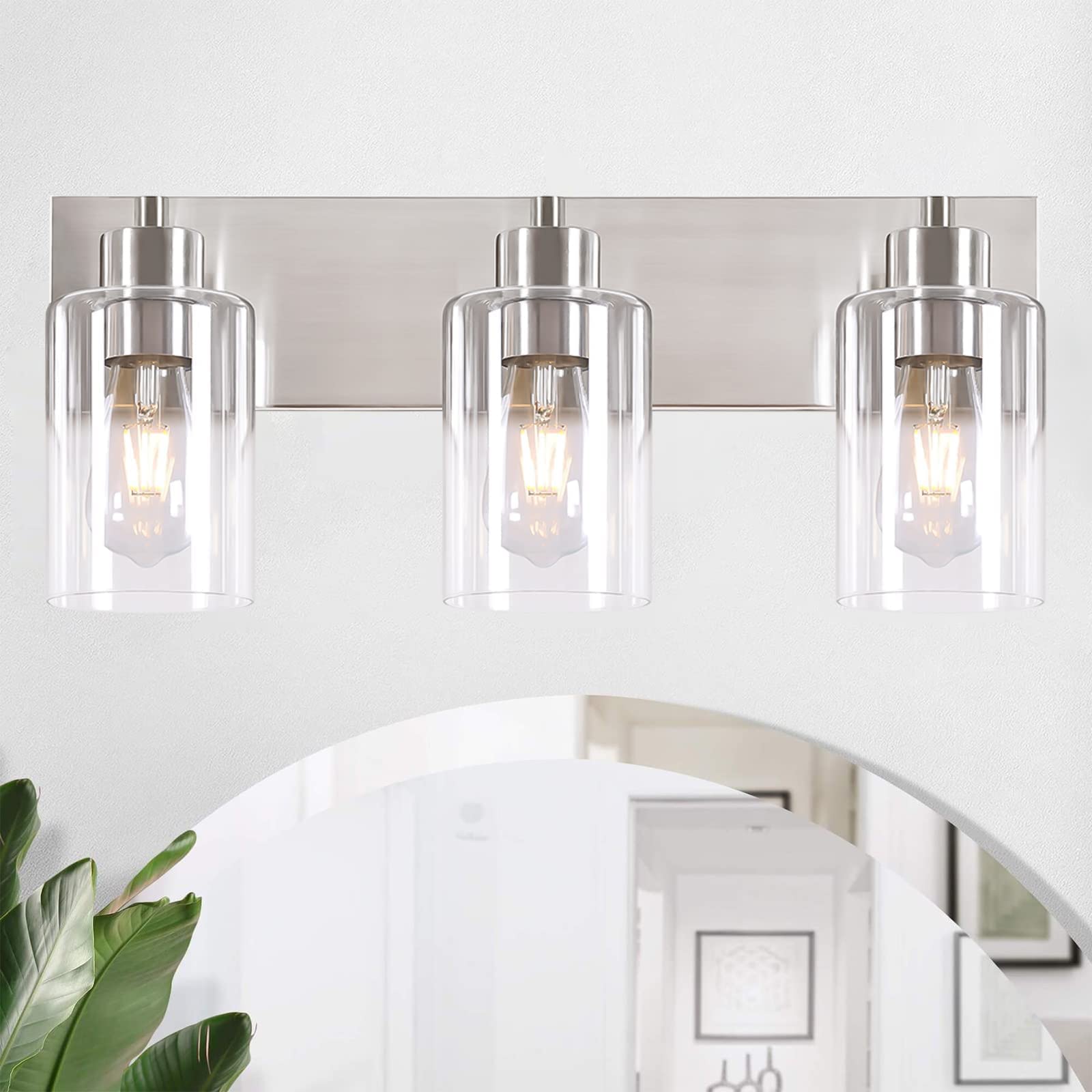Chosenior 3-Light Bathroom Vanity Light Fixtures, Bathroom Lights Over Mirror,Interior Bathroom Lighting Fixtures With Modern Glass Shade(Brushed Nickel)