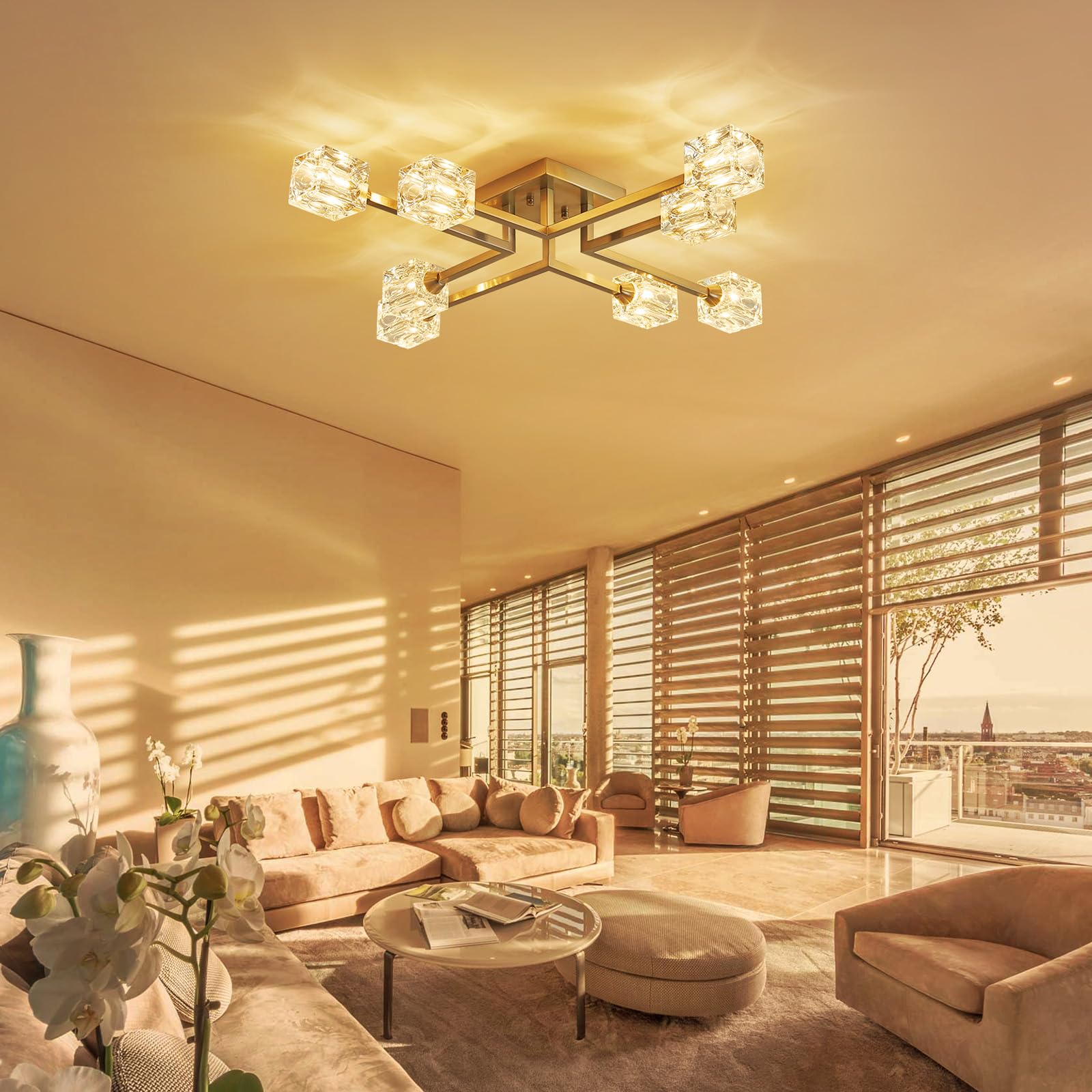 Xingqi 8-Lights Semi Flush Mount Ceiling Light Fixture, Modern Chandelier Brushed Nickel Lighting Fixtures Sputnik Chandeliers F