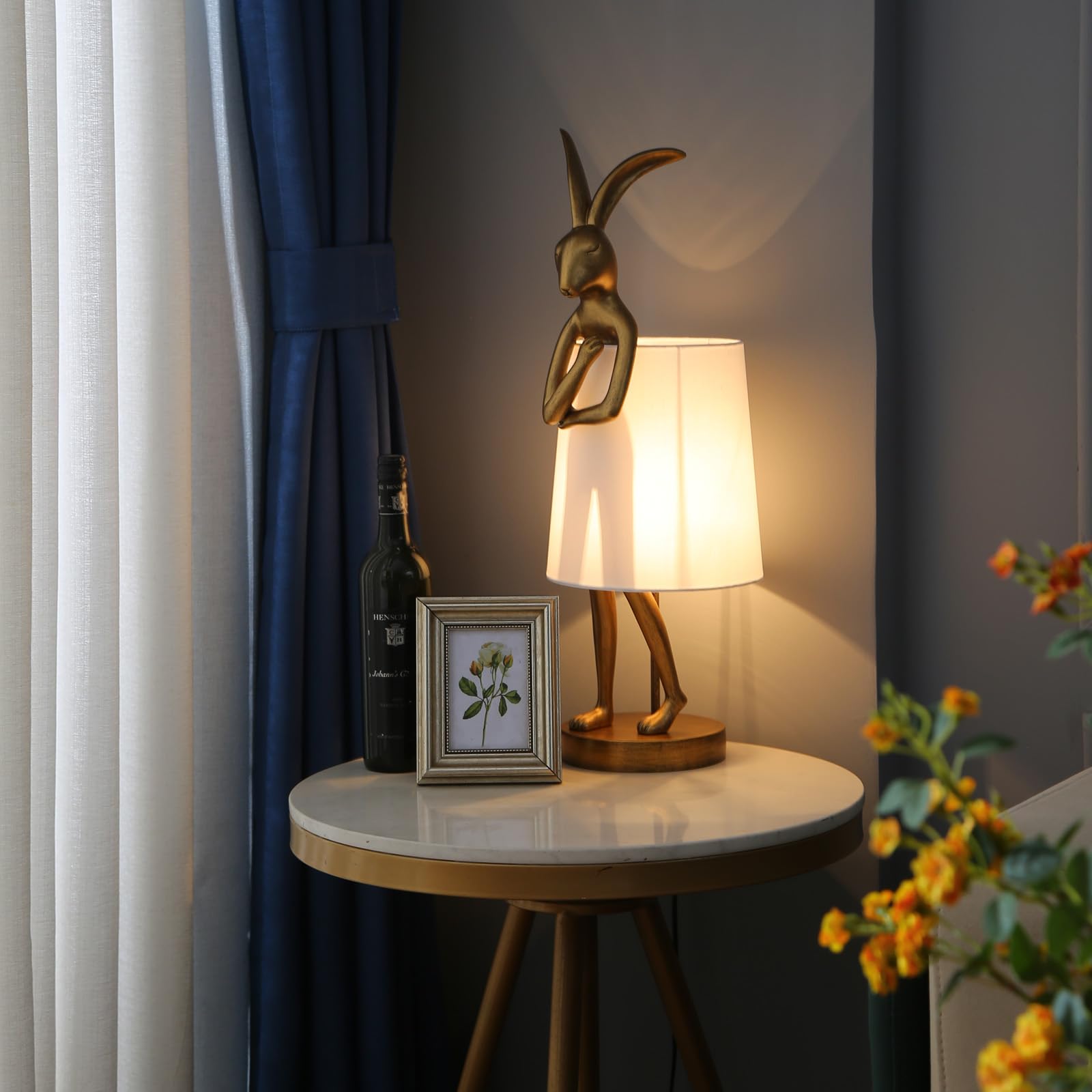 Nordiem Cute Rabbit Animal Table Lamp,Big Size 25.6'', Gold Resin Bunny Decor Led Desk Light,White Linen Shade,Home Eye Protecti
