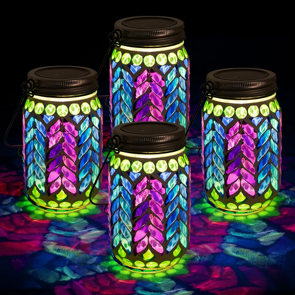 Stargarden 4 Pack Mosaic Solar Lantern ,Waterproof Outdoor Hanging Jar Lights, Mosaic Lights Solar Garden Decor for Patio Pathwa
