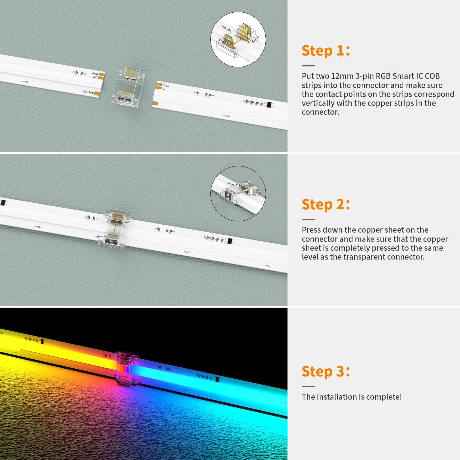 PAUTIX 12mm RGB Smart IC COB LED Strip Connector Kit - 3-Pin Solderless, Dual-End Extension, Plastic, Model COBC-12MMRGBIC-3PIN