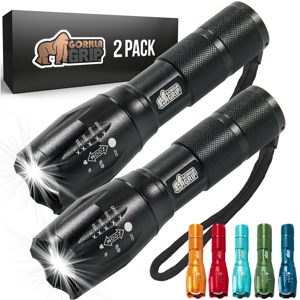 Gorilla Grip 2 Pack Led Tactical Handheld Flashlight, High Lumens, Ultra Bright 5 Mode, Long Lasting Water Resistant, 750 Ft Zoom Flashlights, Camping Accessory, Outdoor Camp Gear, Emergencies, Black