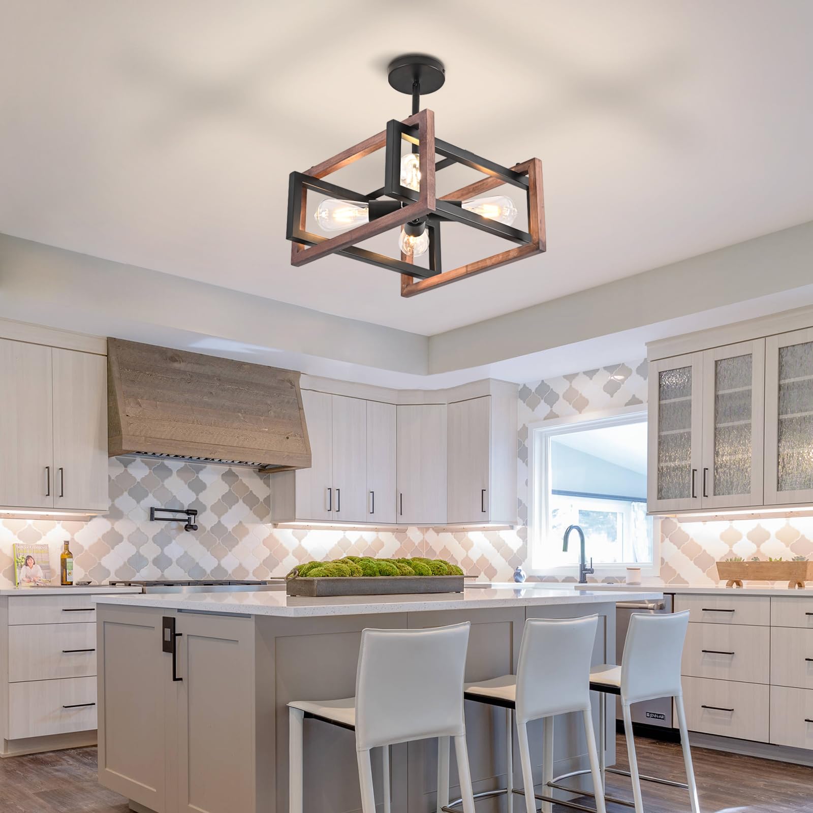 HuisMier 4-Light Rustic Wood and Metal Semi Flush Mount Ceiling Light - Industrial Chandelier for Dining Room, Kitchen, and Living Room