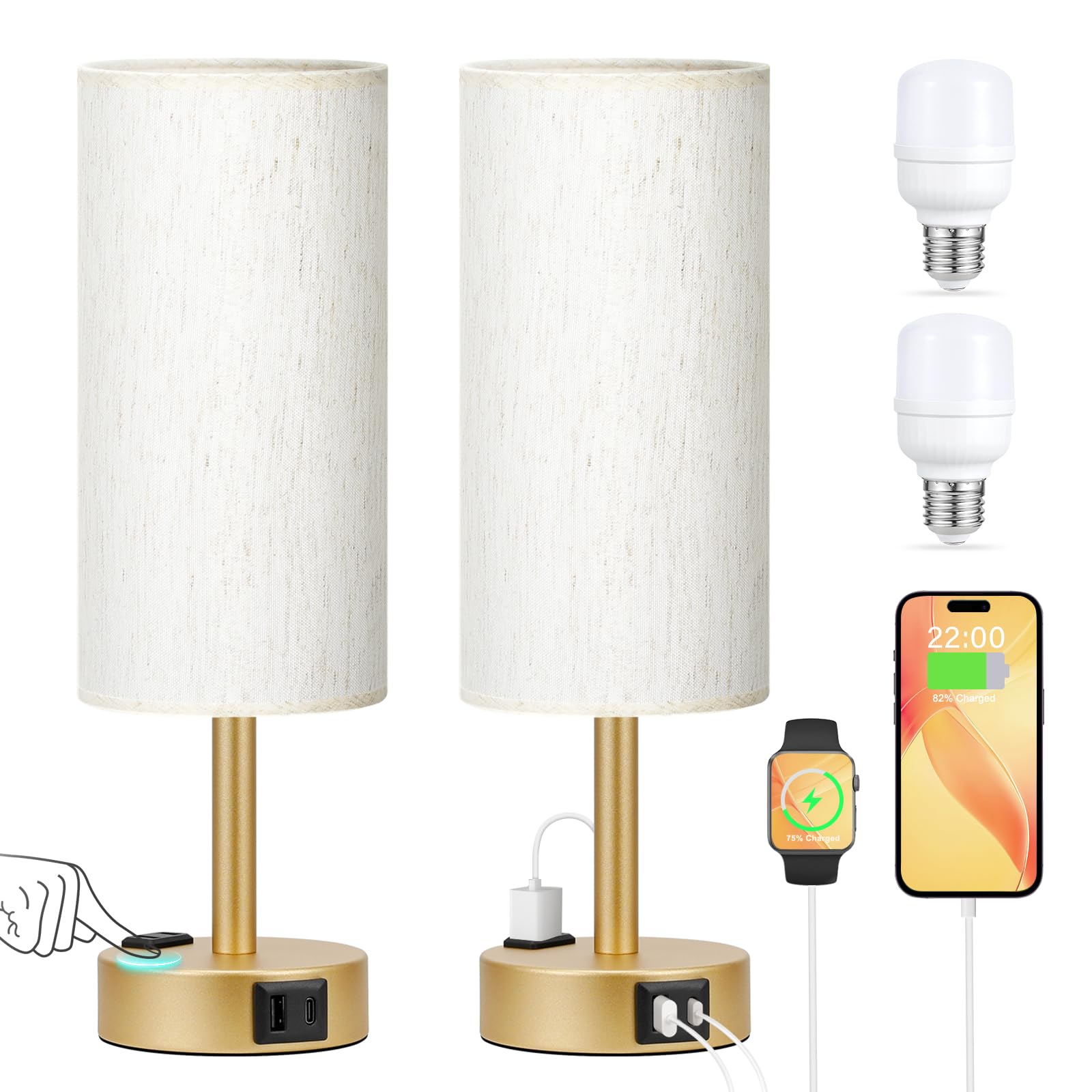 PartageiZ Gold Touch Table Lamps Set - 3 Way Dimmable Bedroom Lamps with USB C and A Ports, Small Lamps for Nightstand with AC O
