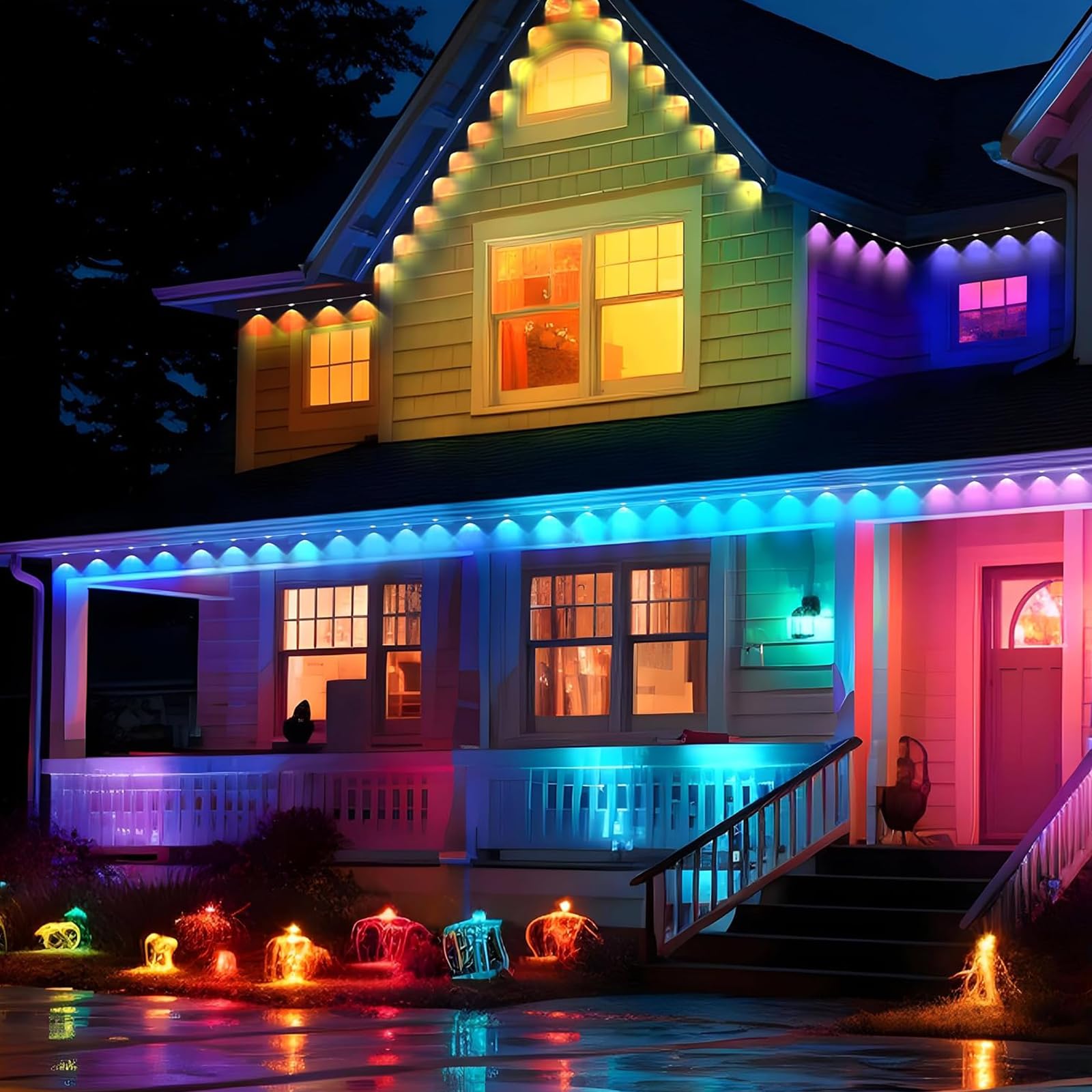 BAILONGJU 150ft Smart RGB Outdoor String Lights, 90 LEDs, IP67 Waterproof, Multicolor Eaves Lighting for Parties & Holidays