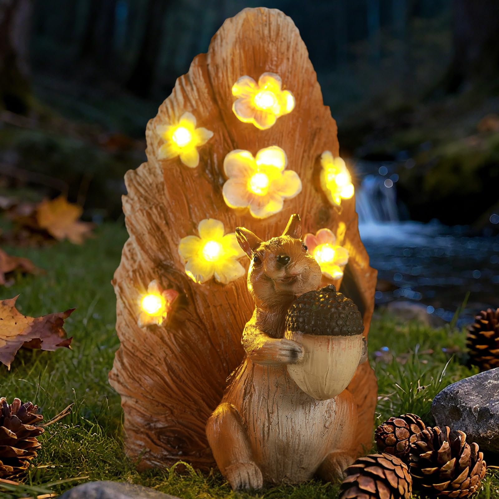 Ayadon Solar Squirrel Statue Ourdoor Decor,Squirrel Figurines with Flower LED Light Decorations for Garden Woodland Patio Yard P